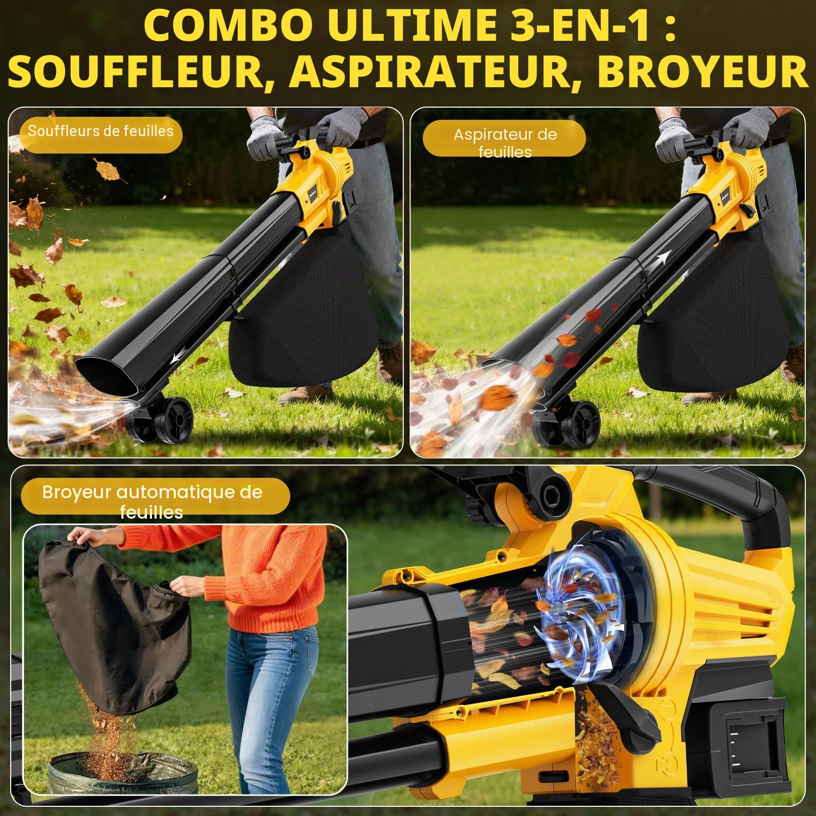 Aspirateur à feuilles sans fil 3 en 1 avec sac compatible avec batterie