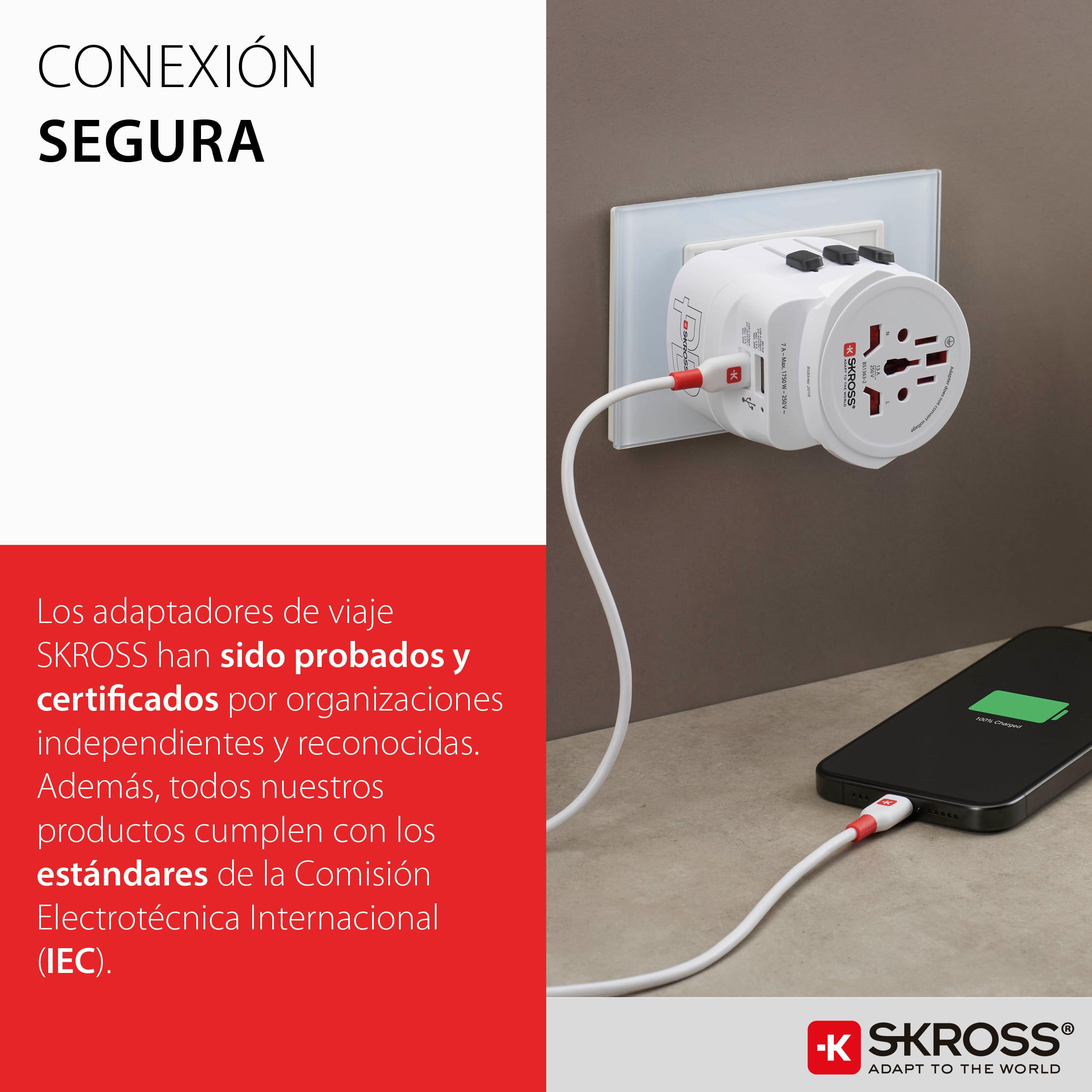 SKROSS - Pro Light USB AC45PD - Adaptador de Viaje Universal con 2 Puertos USB - Carga rápida 45W - Voltaje y Potencia: 100V CA - 700W / 250V - 1750W