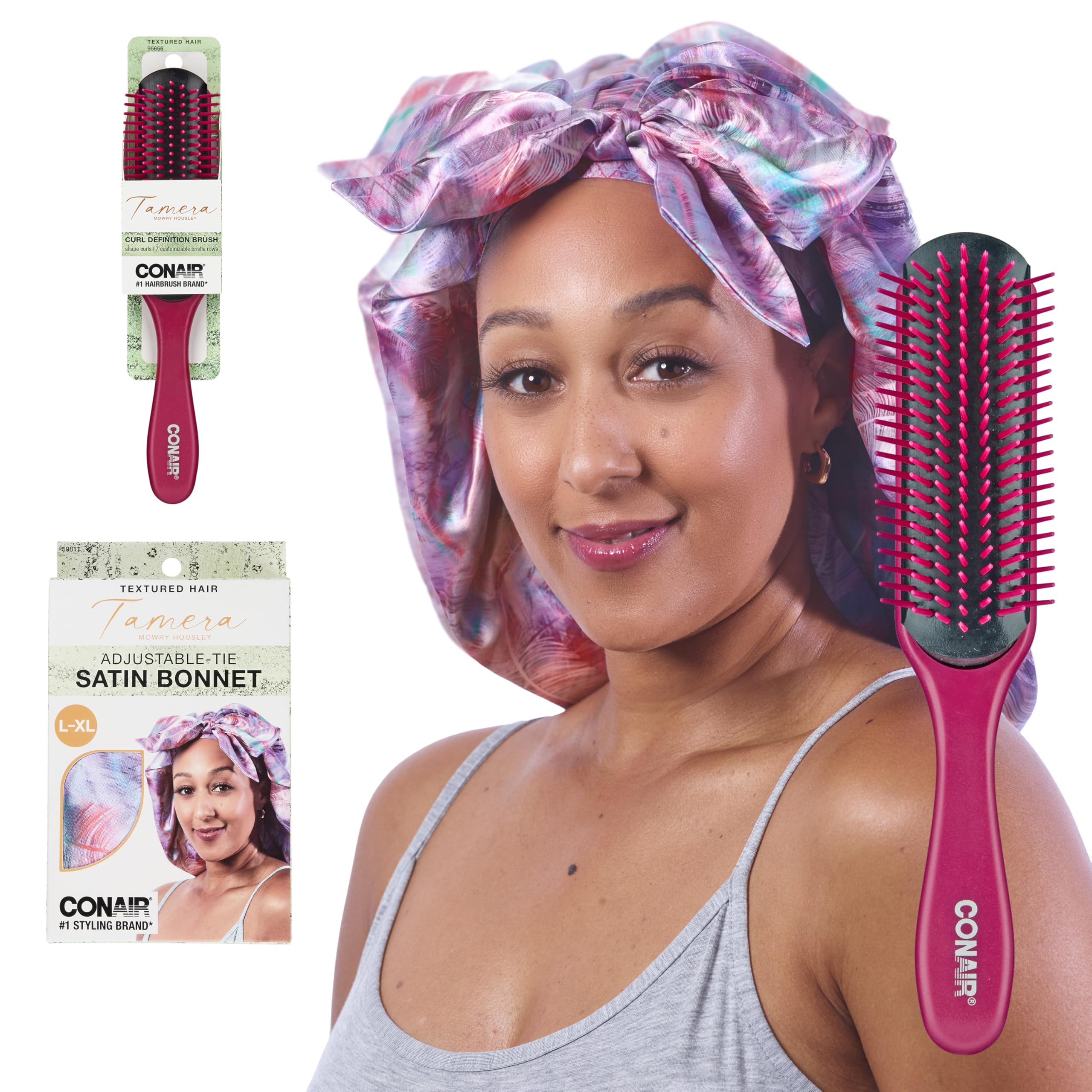 CONAIR x Tamera Mowry Collection Satin Swirl Print Hair Bonnet with bonus Curl Definition Brush - Nylon Bristle hairbrush - curl smoothing hair brush