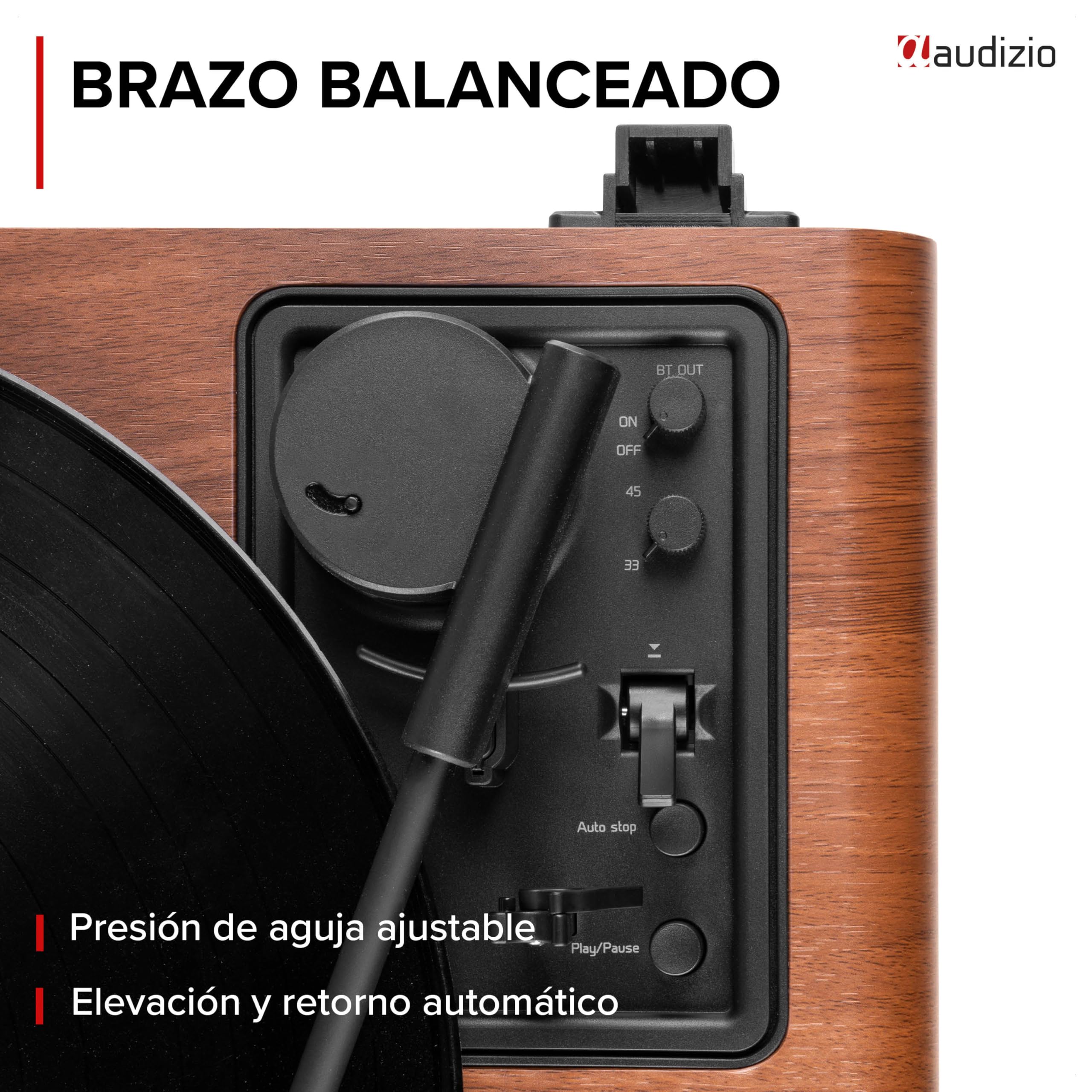 Audizio Laredo – Tocadiscos de Vinilo Bluetooth con Altavoces HiFi 160W, cápsula Audio Technica, Gira Discos con Plato de 29 cm, giradiscos Vinilo con RCA y BT in/out, Acabado en Madera
