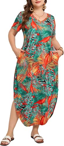 Women's Plus Size 4XL Short Sleeve V Neck Split Pockets Maxi Dresses Summer Beac