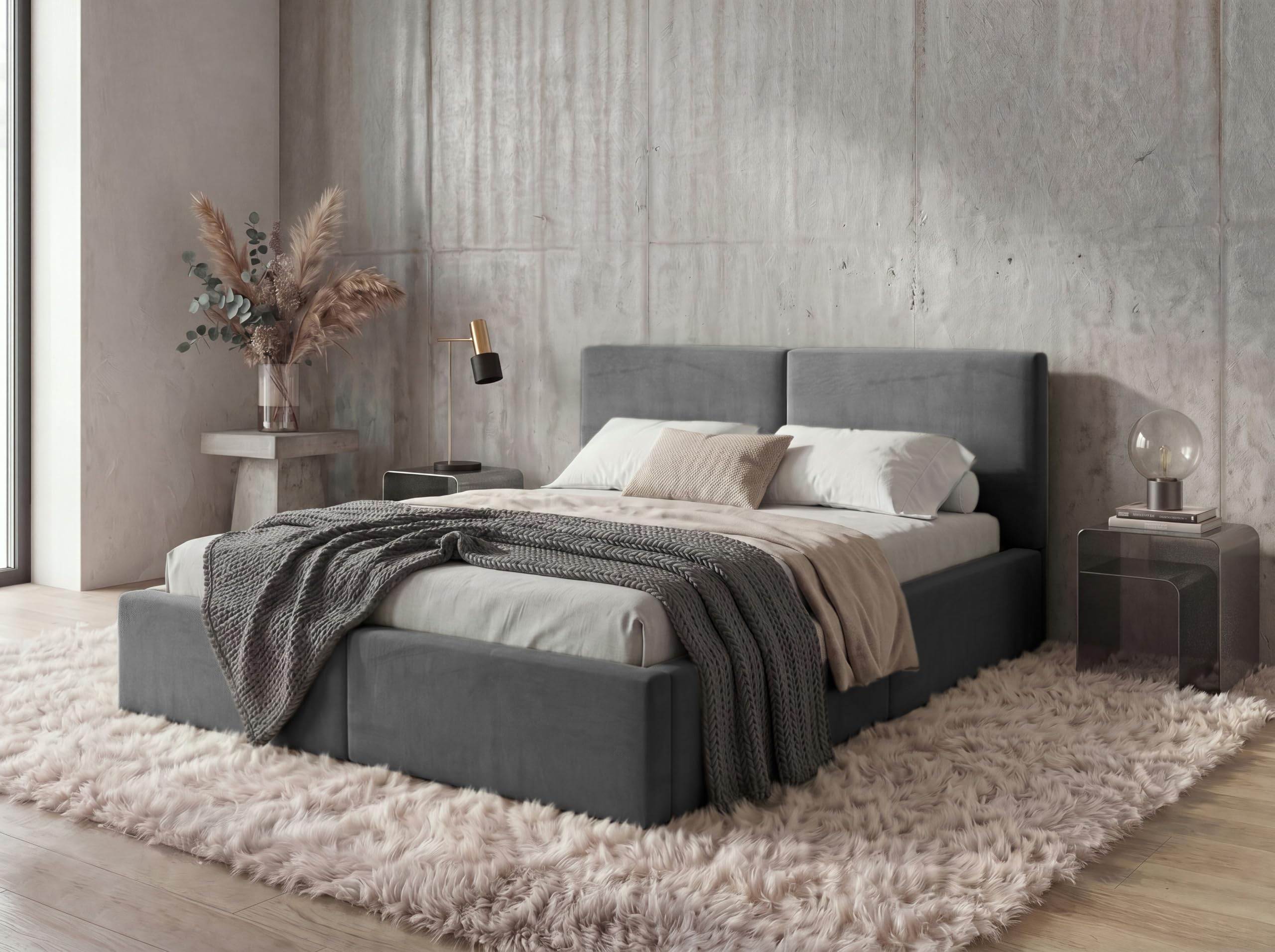 Interbeds Polsterbett 120x200 cm mit Bettkasten und Lattenrost – Stauraumbett Doppelbett in Grau Pflegeleichter Samtbezug Gepolstertes Bettgestell belastbar bis 300 kg ohne Matratze (Grau, 120x200)