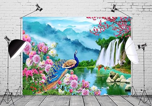 Miniatura 3 de BELECO Telón pintoresco de tela de 5 x 3 pies con niebla montañas cascadas naturaleza país de las maravillas flores florecientes pavo real peces