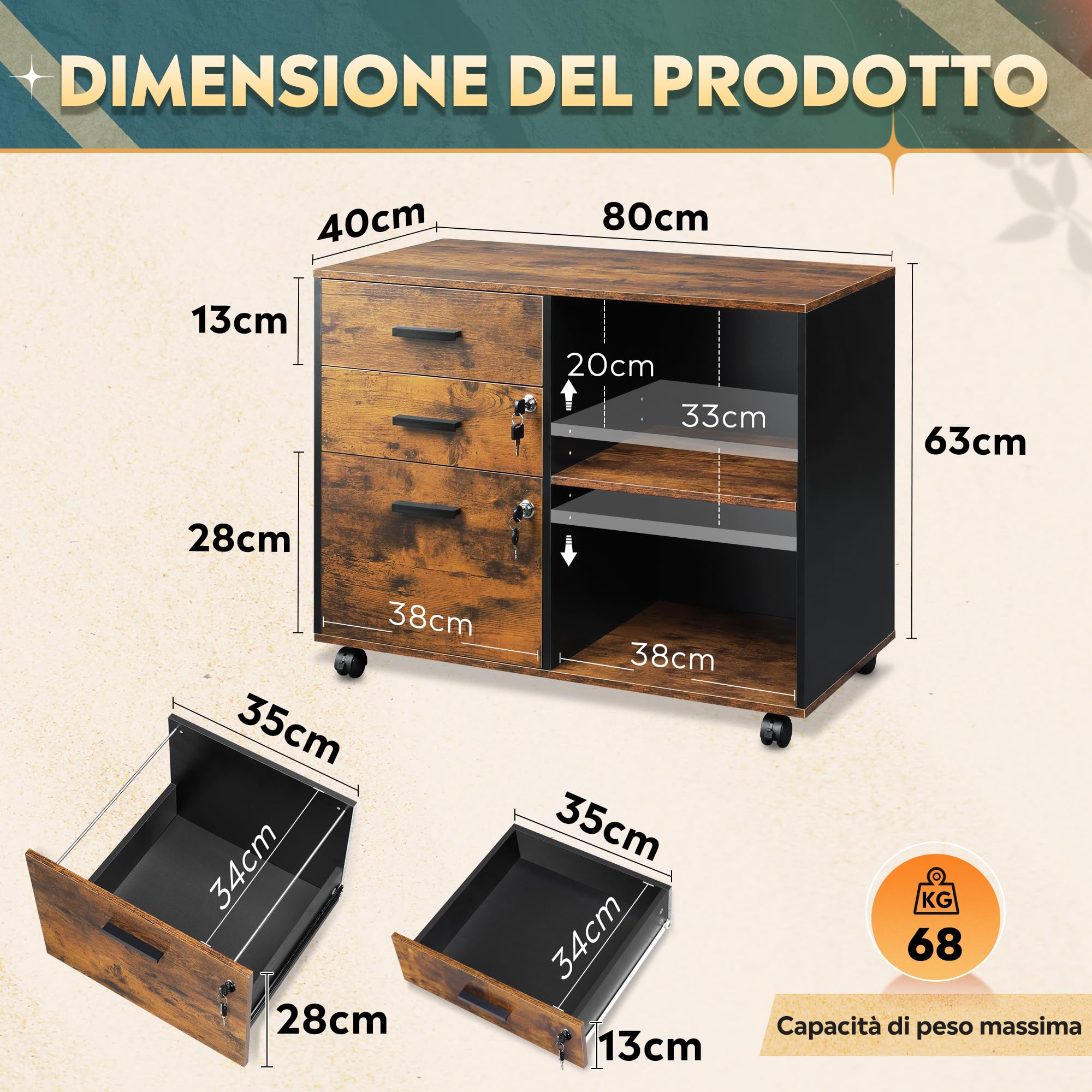 DEVAISE Carrello Portadocumenti 3 Cassetti con Piano Legno, Mobile Ufficio con Stampante, Retro, Marrone