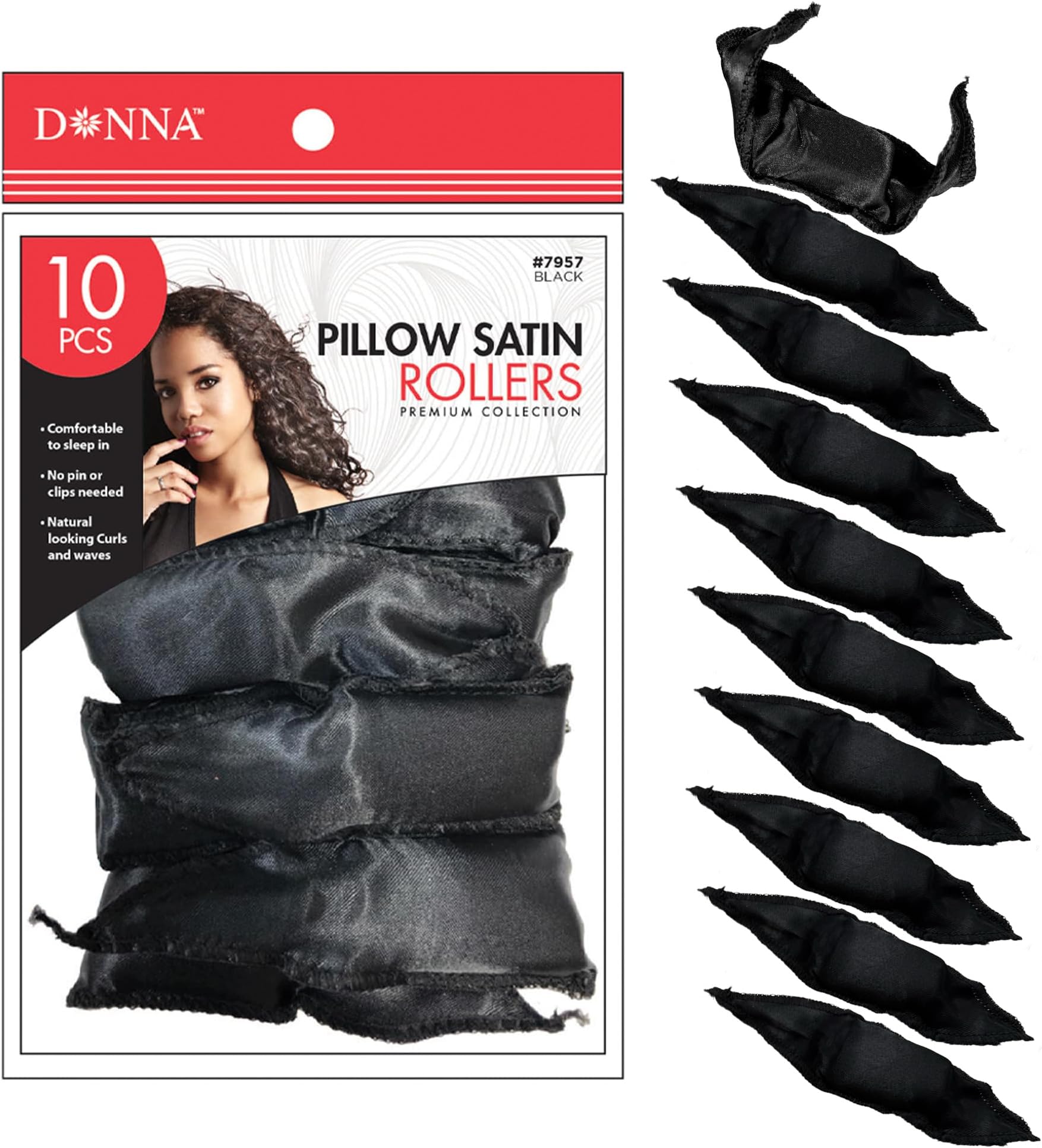 DONNA Satin Pillow Rollers Large 10pcs Foam Rollers for Heatless Hairdressing and Styling with Hair Clips - BLACK
