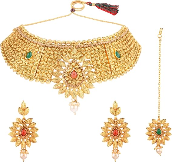 Efulgenz Gold Tone Choker Indian Jewelry Sets for Women Traditional Crystal Kundan Stone Pearl Wedding Choker Necklace Earrings Maang Tikka Jewelry Set Indian Bridal Jewelry: Buy Online at Best Price in UAE