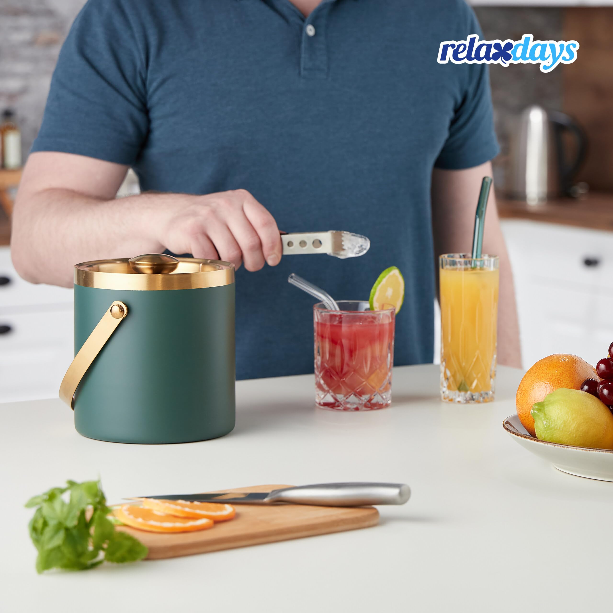 Relaxdays Eiswürfelbehälter, Edelstahl, doppelwandig, Eiseimer mit Deckel & Henkel, 1,5 l, Eiswürfelkübel, grün/Gold