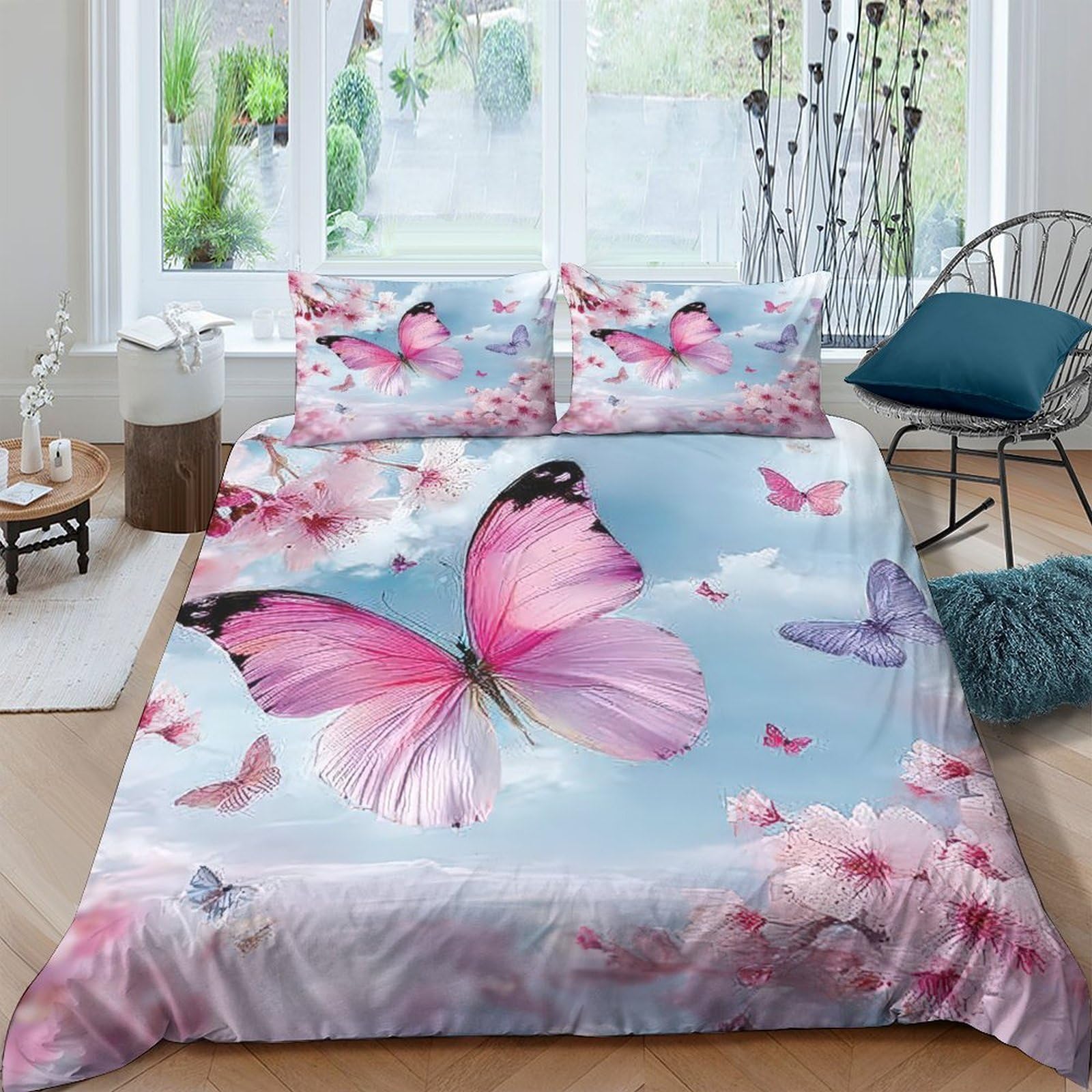 TUFRTGYHN 3D Printed Pink Butterfly Duvet Cover Set Microfiber Soft Floral Bedding Set with 2 Pillowcases, Breathable for Bedroom Decor Single（135x200cm）