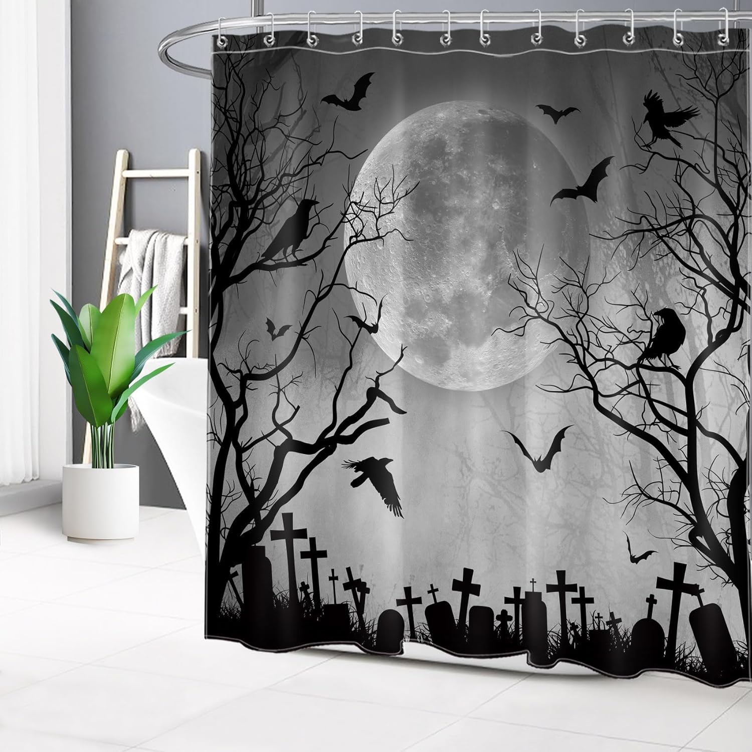 Halloween Shower Curtain Black Crow Bat and Dead Tree in Spooky Misty Forest Shower Curtain with Hooks, Scary Grey Full Moon Night Bathroom Curtains Shower Set Halloween Decor, 72X78Inches