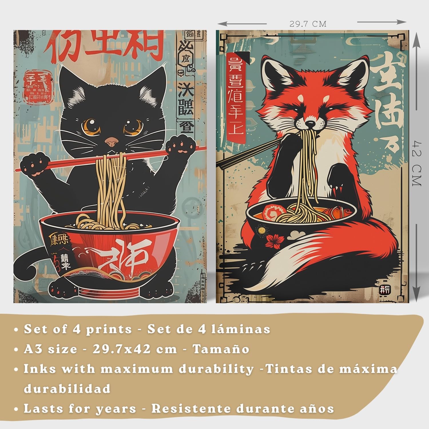 Nacnic Set De 4 Láminas Animales Ramen Japonés Cuadros Cocina Gato Zorro Y Conejo Comiendo Noodles Póster Decoración Pared A3 Marco Madera Clara