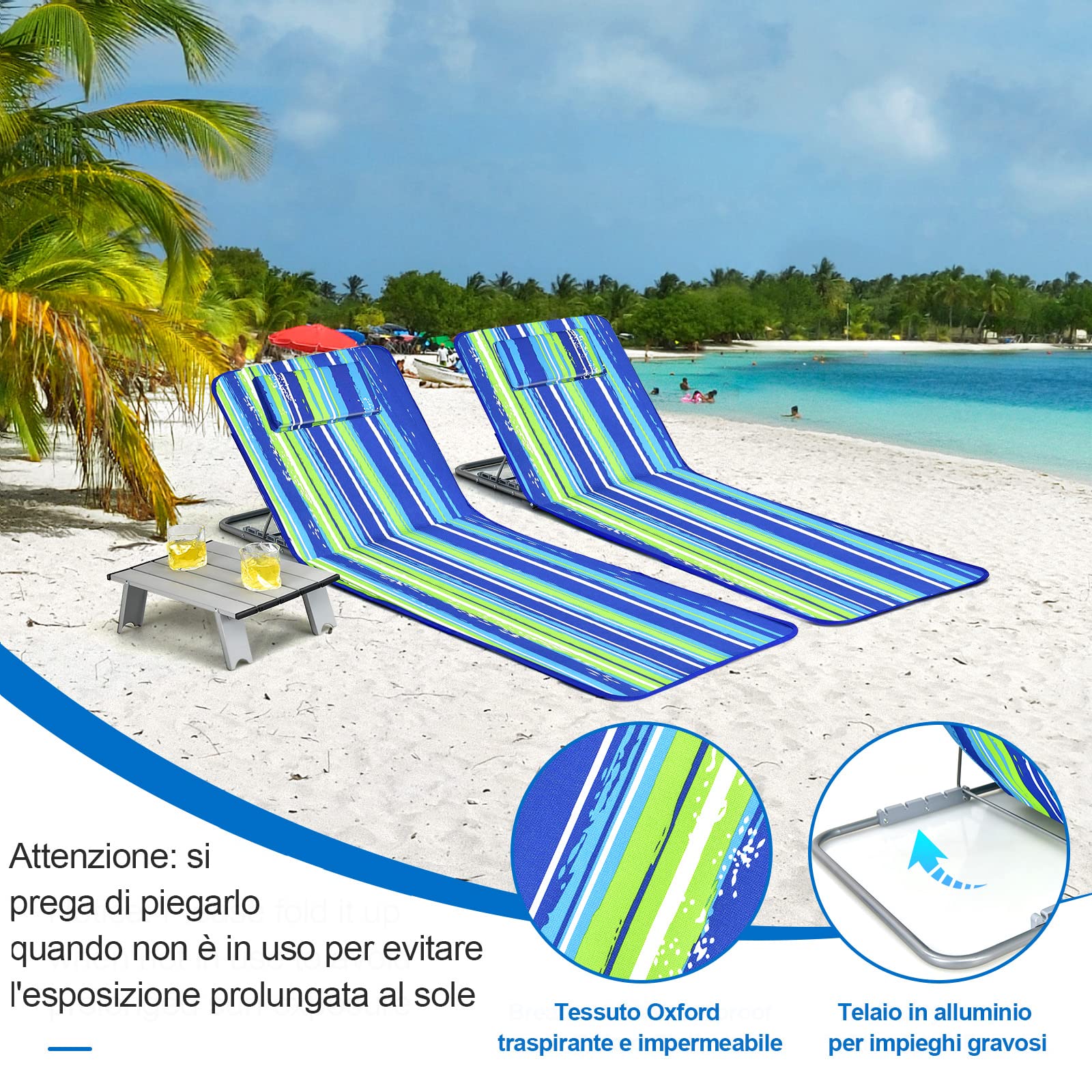 GYMAX Tappetino da Spiaggia Reclinabile, Set di 2 Sedie e Tavolino, Angolo Regolabile, Design Pieghevole Multifunzione, Adatto per Spiaggia, Parchi, Cortili, Campeggio (Blu e verde)