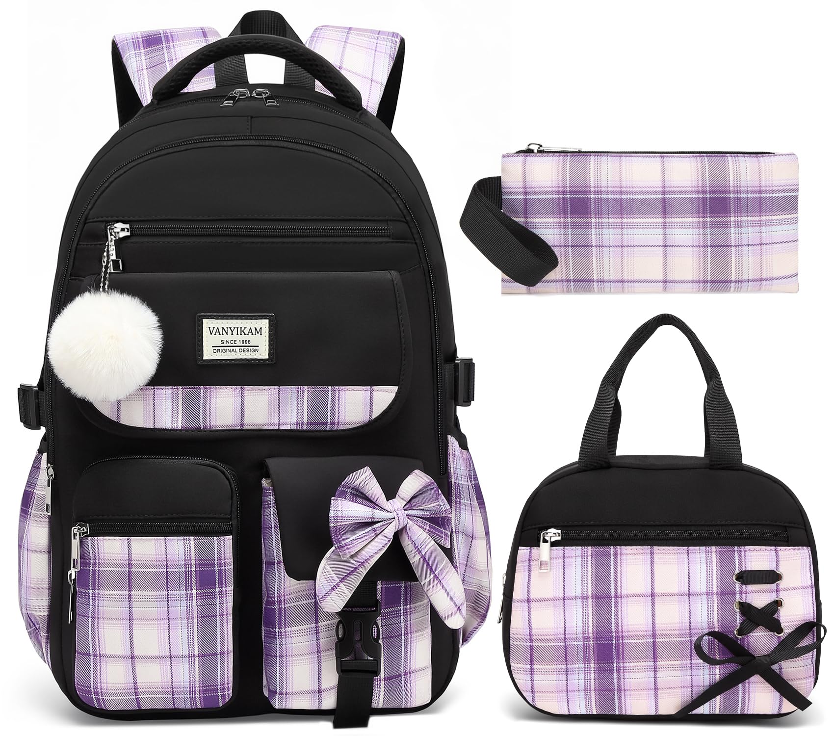 Backpack for School Girls, 3Pcs Kids Cute Bookbag with Lunch Box Pencil Pouch, Student Pack Fits 15.6 Inch Laptop for Teens bag for Kindergarten Elementary Preschool Middle School, Black Purple Tartan
