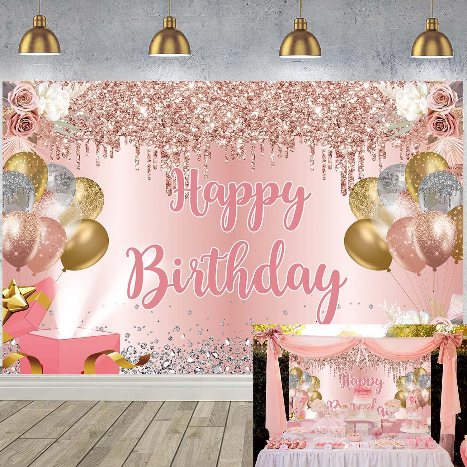Pink Gold Party Decor Pink 3rd Birthday Backdrop - 71x43 Inch Gold ...