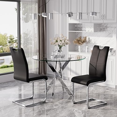 Miniatura 14 de Juego de mesa de comedor redonda moderna de vidrio de 36 pulgadas para 4, mesa de comedor de vidrio con patas cruzadas de metal, mesa de cocina con