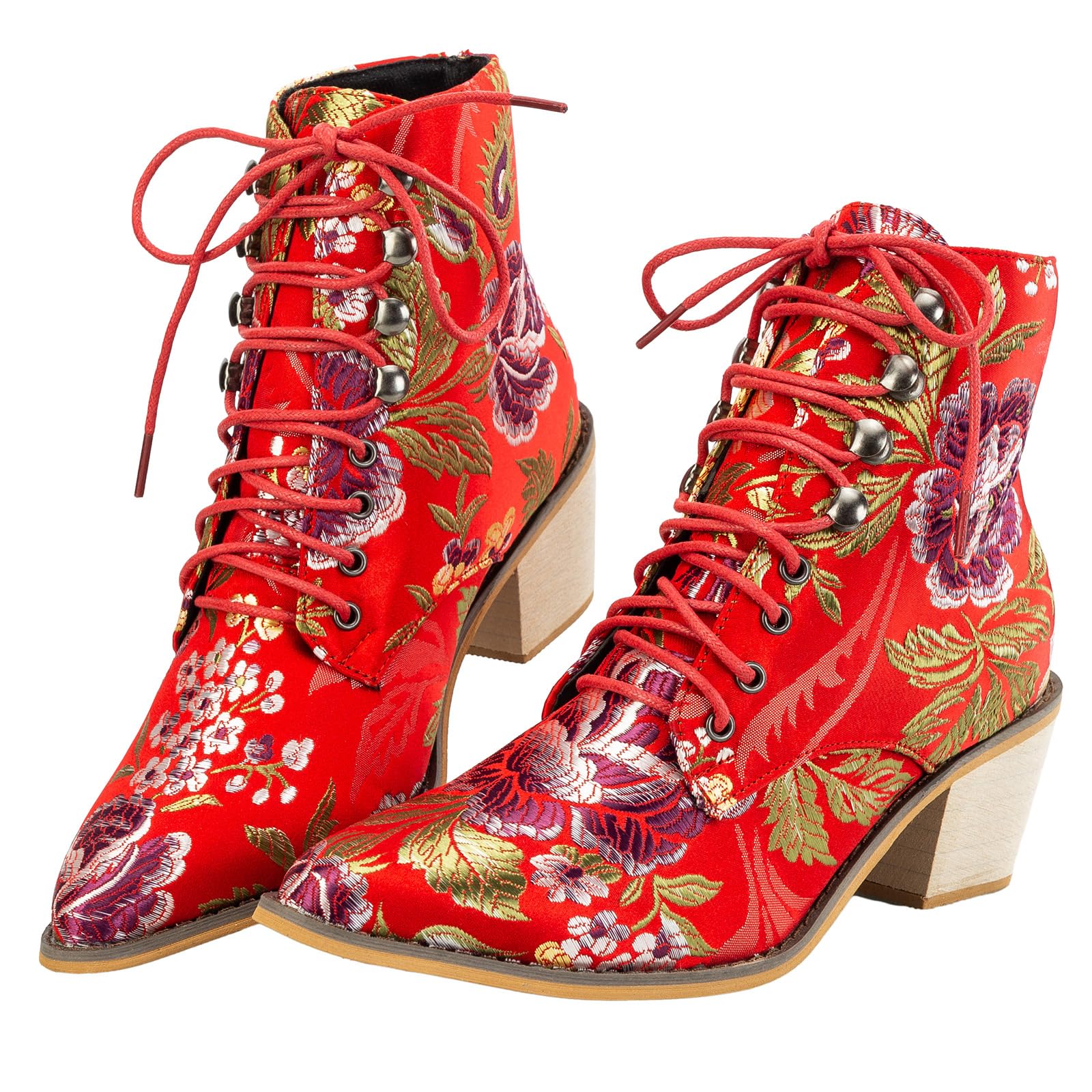 Gets Womens Vintage Floral Embroidered Block Heel Cowboy Boots Heighten Ankle Booties