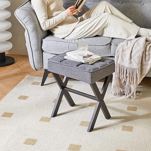 Miniatura 4 de IBUYKE Taburete de maquillaje cuadrado con reposapiés de pierna en X, reposapiés de lino, asiento otomano, multiusos como mesa auxiliar pequeña,