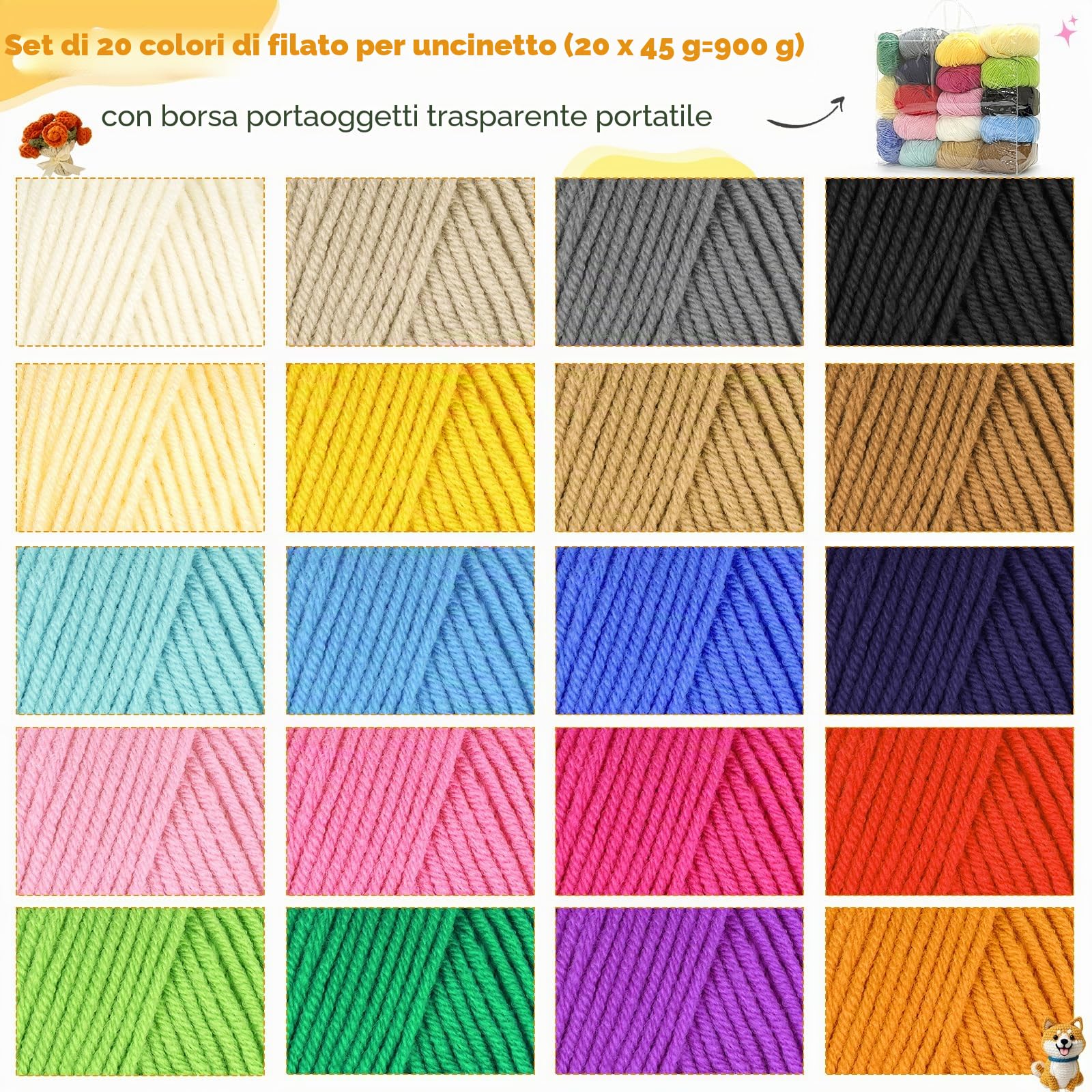 Coopay Granny Square - Set di 20 colori per uncinetto, 900 g, lana per lavorare a maglia, morbido filato all'uncinetto in acrilico e cotone per uncinetto, 4 faiding, lana all'uncinetto per vestiti del