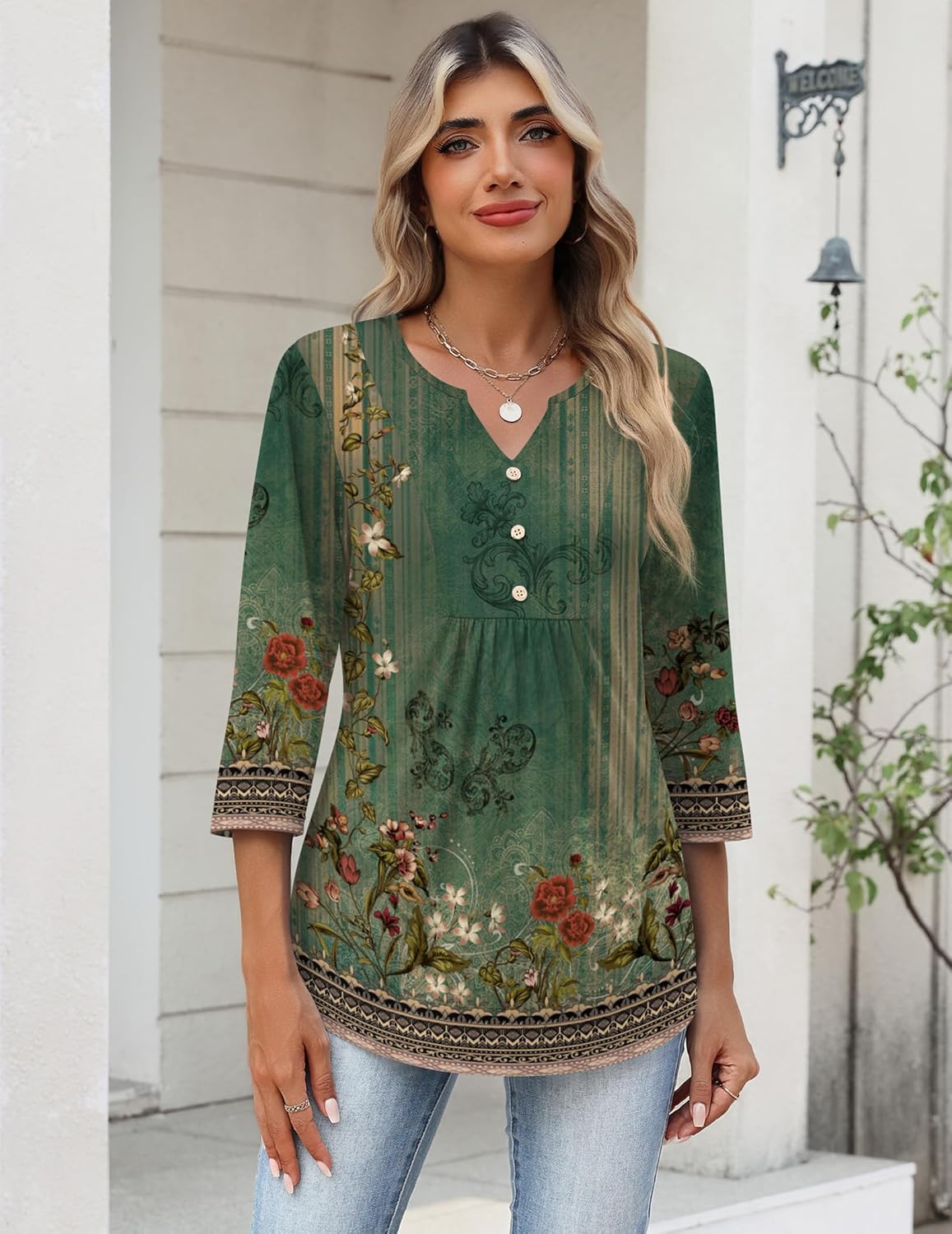 Zeagoo Womens 3/4 Length Sleeve Tops V Neck Dressy Casual T Shirts Pleated Business Work Blouses Basic Tees S-3XL - Image 2