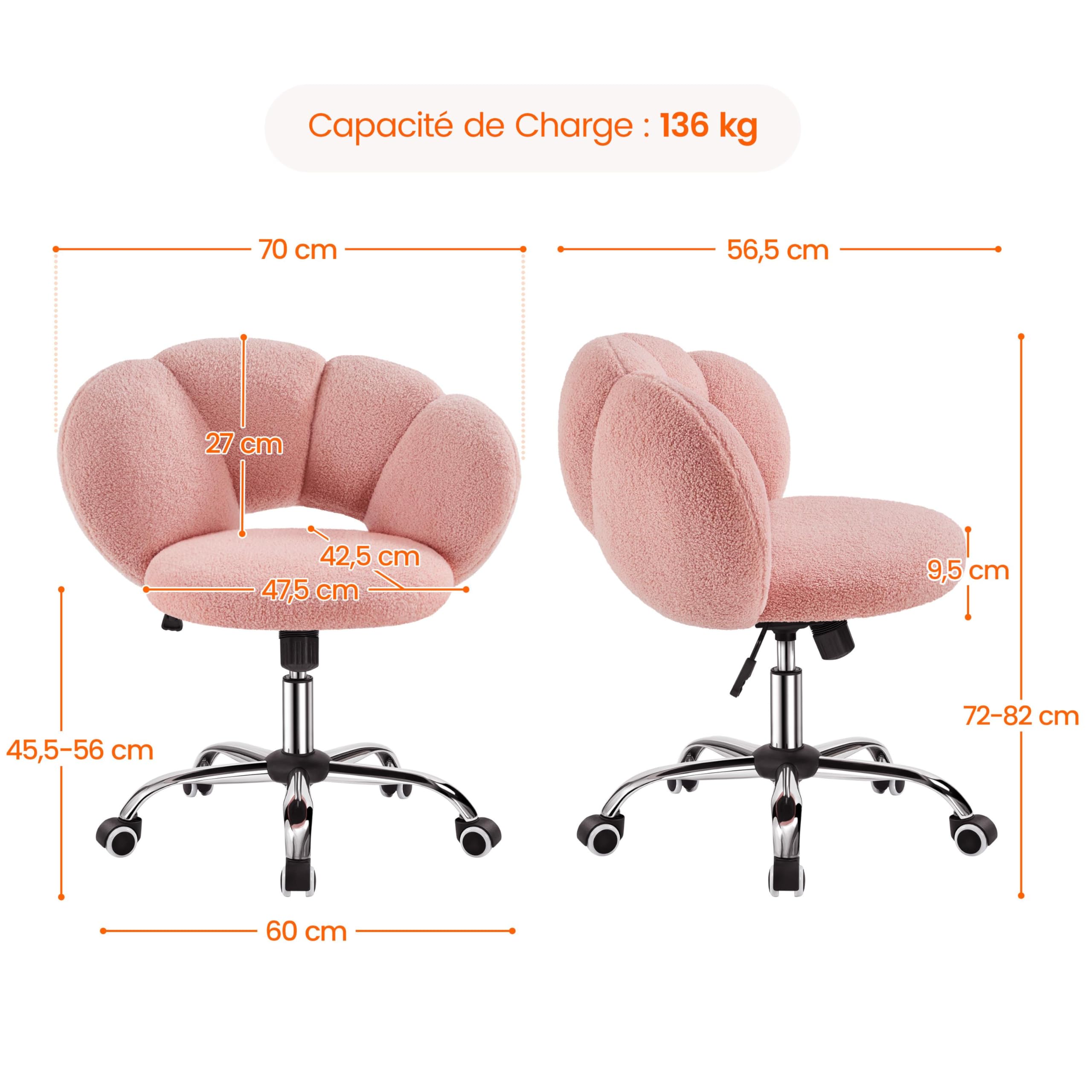 Yaheetech Poltrona da ufficio, sedia girevole ergonomica, schienale comfort in nuvola, regolabile in altezza, carico 136 kg, per soggiorno, camera da letto, ufficio, rosa/ricci