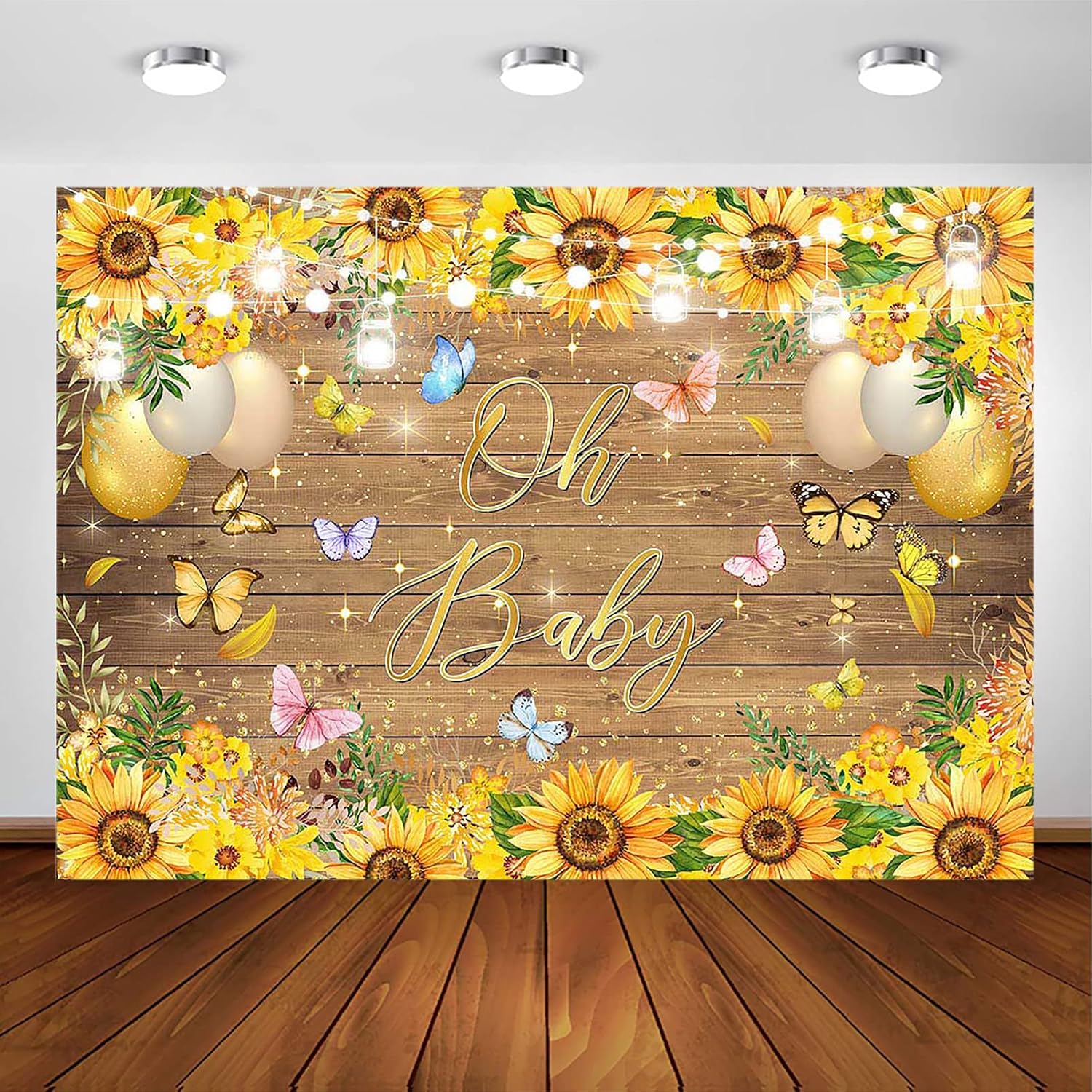 Avezano Oh Baby Backdrop Sunflowers Butterflies Rustic Wood Wall Baby Shower Party Decorations Newborn Baby Portrait Background Photo Booth Props (7x5ft)