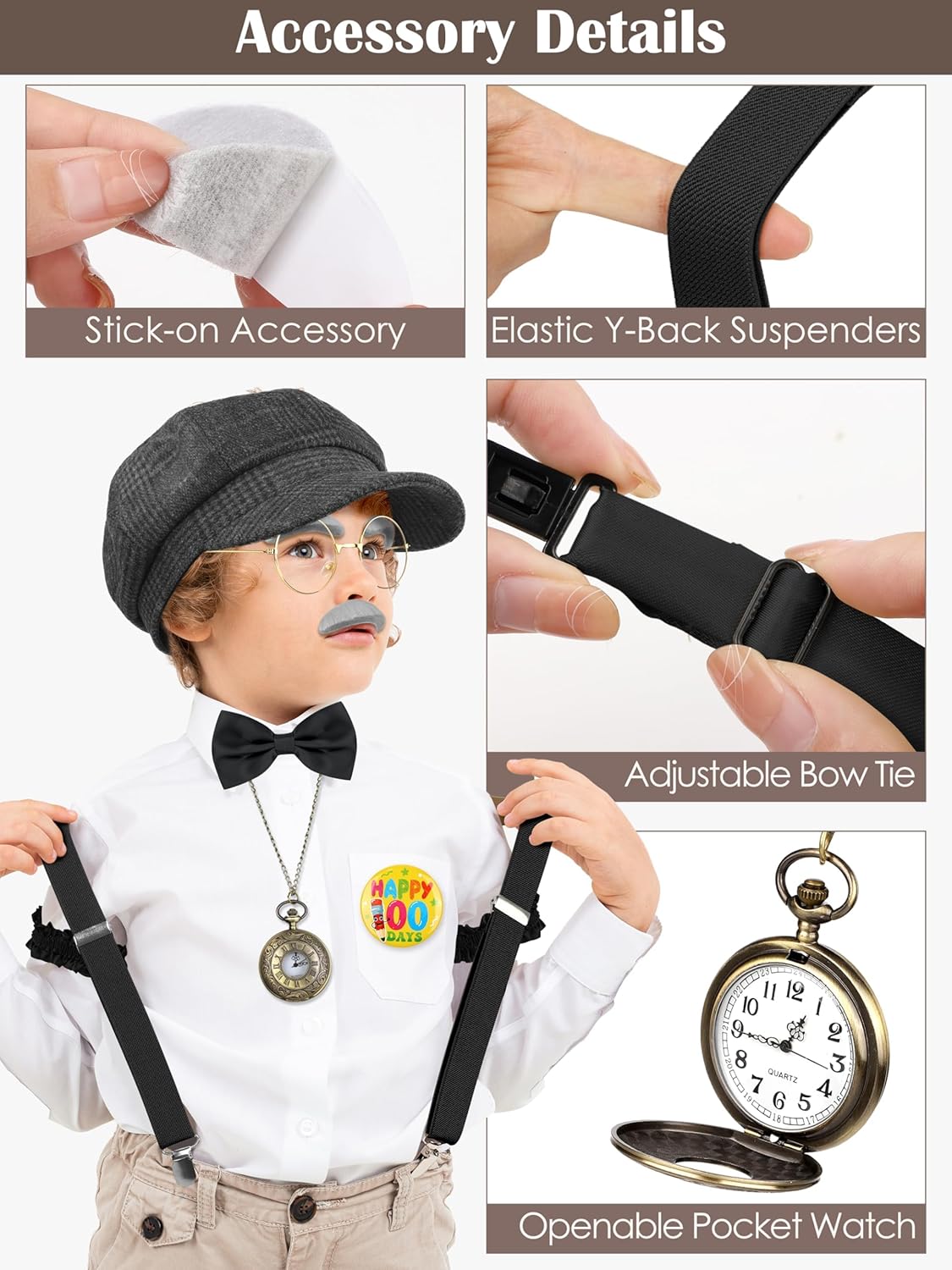 AOTHSO 12 Pcs Boy Old Man Costume 100 Days of School Outfit 1920s Kid Grandpa Outfit with Newsboy Cap Suspender Magnify Glass - Image 5