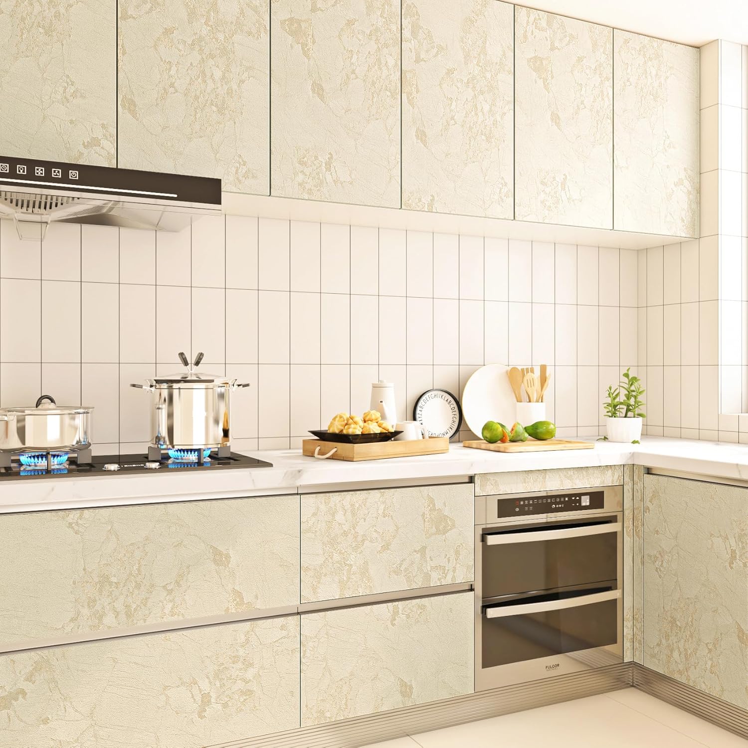 ReWallpaper 24in x 16.5ft Peel and Stick Wallpaper Marble Countertop Contact Paper Self Adhesive Waterproof Beige and Gold Faux Marble Wall Covering for Bathroom Kitchen Bedroom TV Space Living Room