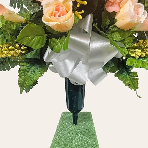 Miniatura 6 de Realistic Artificial Cemetery Flowers - Silk Faux Floral Peach Rose and Calla Lily Bouquet for Grave - 1 Headstone Decoration - Memorial Flowers