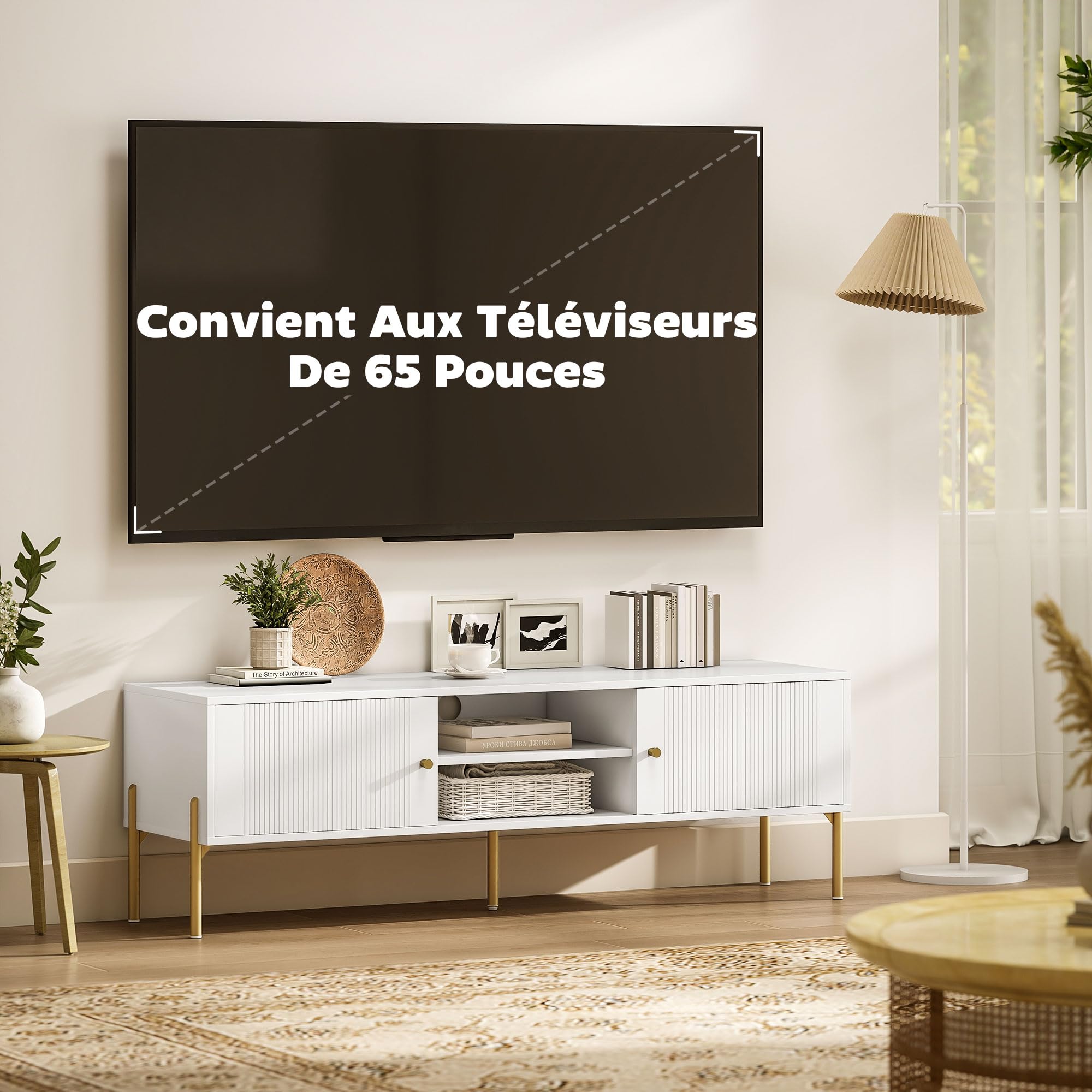 HOMCOM Meuble TV 140 cm, Meuble télé pour téléviseur jusqu'à 65 Pouces avec 2 Portes, 2 Compartiments Ouverts et Pieds en Acier, 2 Passe-câbles, Banc TV Moderne pour Salon, Chambre à Coucher, Blanc