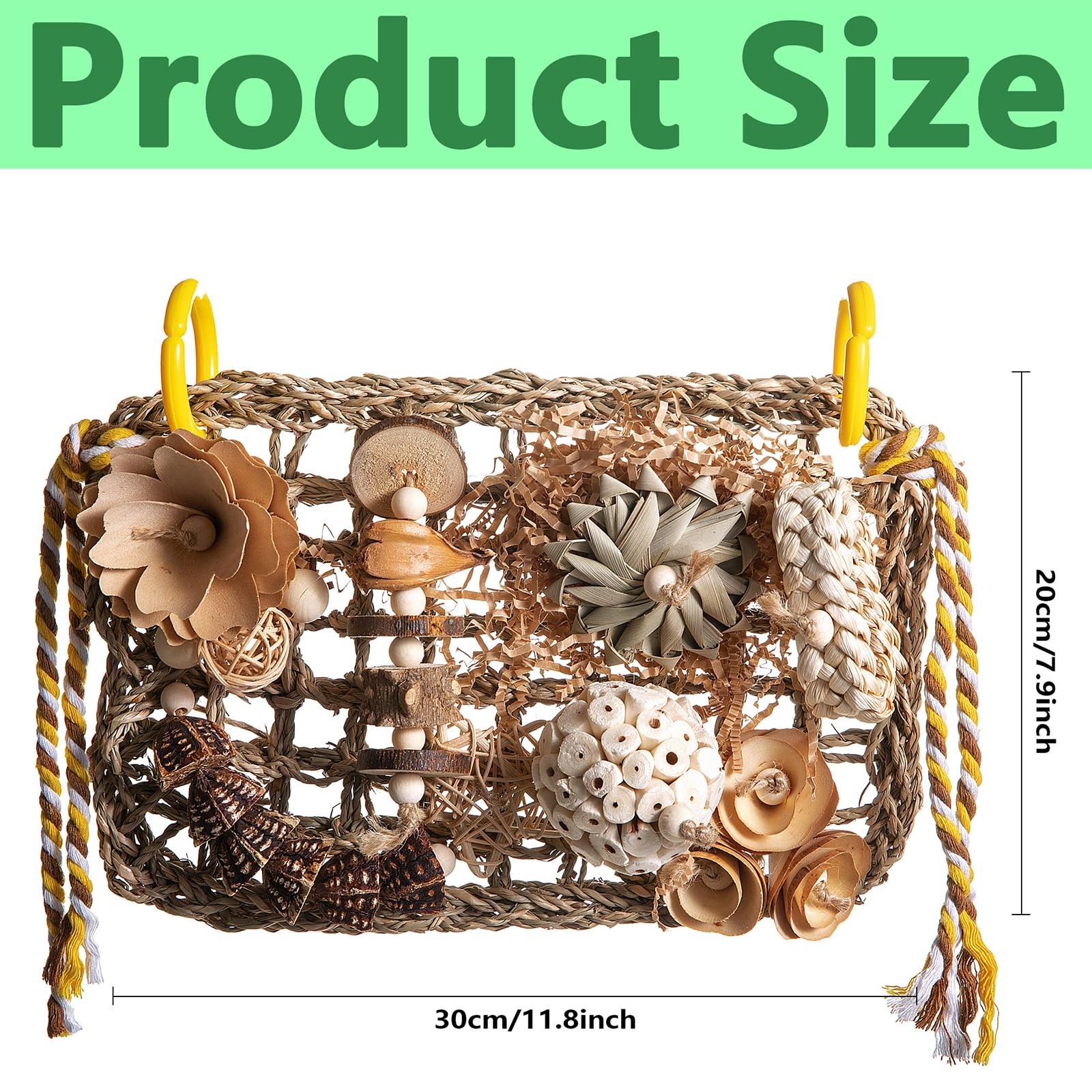 Bird Foraging Wall Toy, Seagrass Woven Climbing Hammock Mat with Chewing Toys,Parrot Shredding Hanging Toys for Cockatiel Lovebird Parakeet Budgie Small-Medium Birds (Large) - image 2
