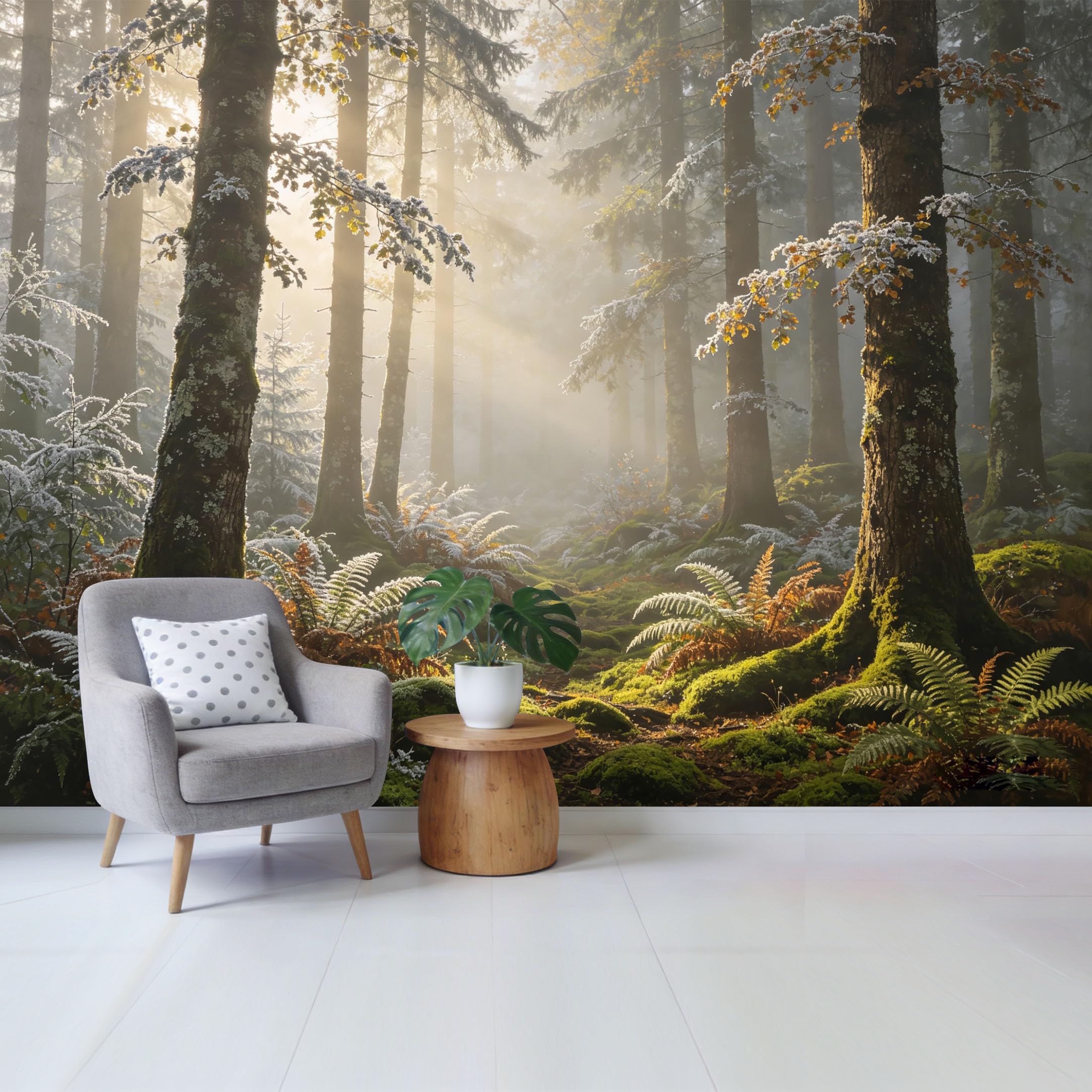 Custom Size Wall Mural Misty Morning Forest Sunbeams Ferns Mossy Trees Landscape SelfAdhesive Wall Fabric Removable Wallpaper for Home Office Decor