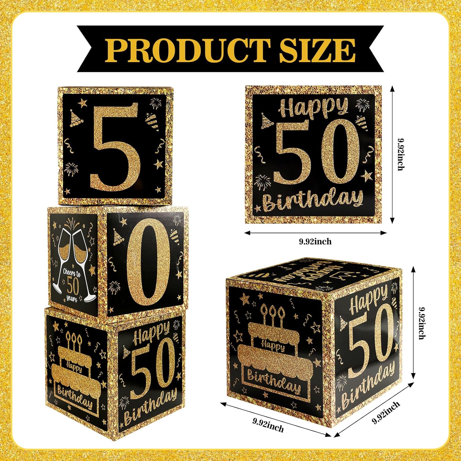 50th Birthday Decorations for Men Women,3PCS Black and Gold Happy 50 Year Old Birthday Party Supplies Table Decorations,50th Birthday Balloons Boxes Decor - Image 2