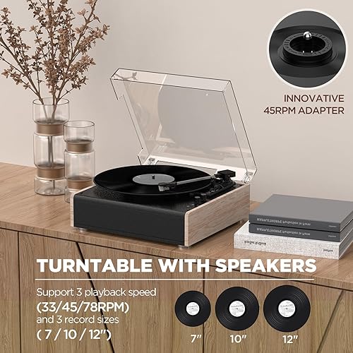 Miniatura 4 de Tocadiscos de vinilo Bluetooth inalámbrico con altavoces integrados y 3 velocidades con correa de 3 velocidades con cartucho magnético, salida RCA,