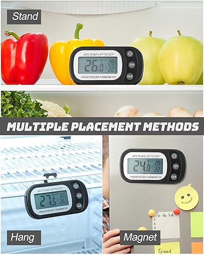 Miniatura 6 de Frienda Paquete de 8 termómetros digitales negros para nevera, impermeable, para refrigerador y congelador, función de grabación máximamin, pantalla