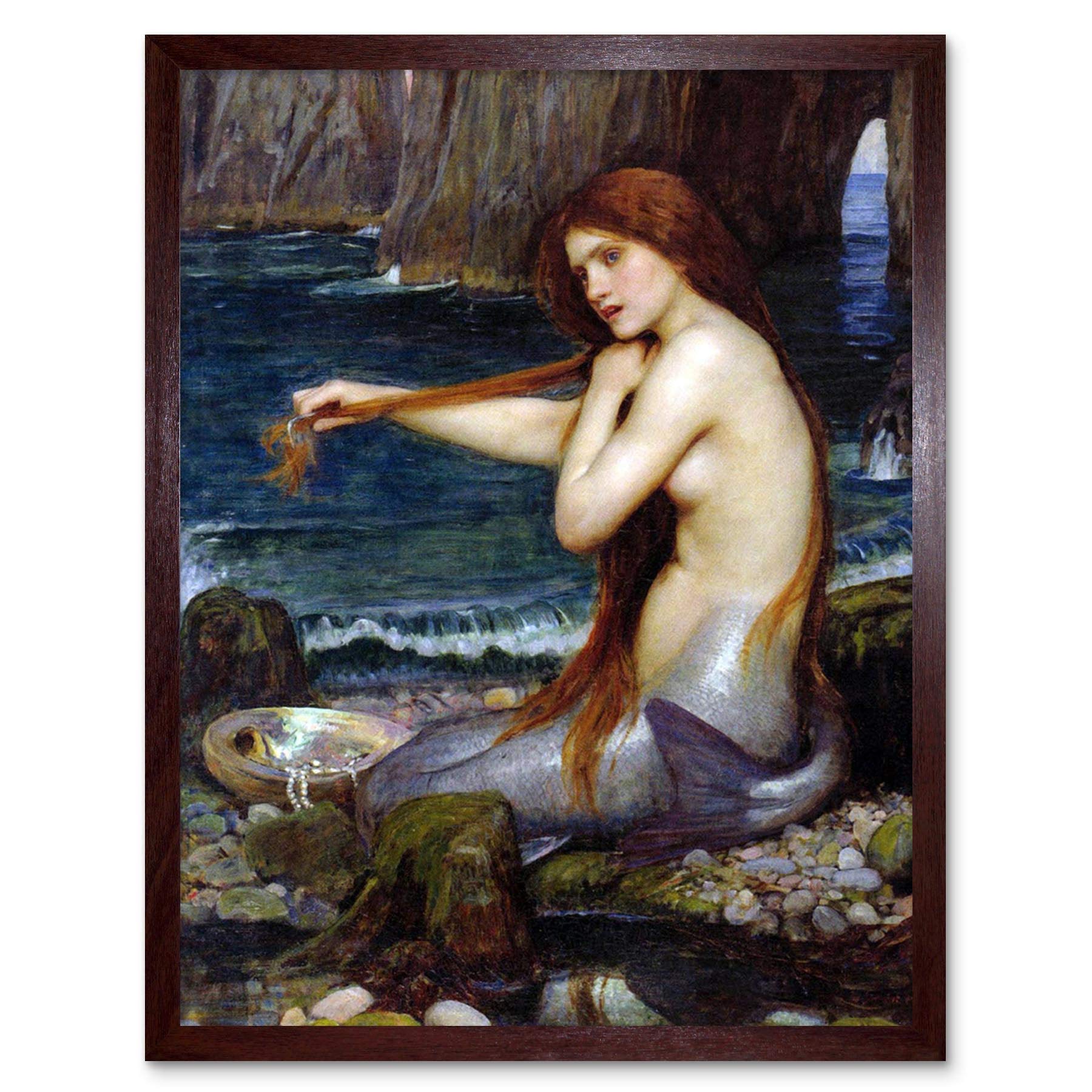Wee Blue Coo Framed Brown John William Waterhouse Mermaid Old Master Painting Art Print Framed Poster Wall Decor 12X16 Inch