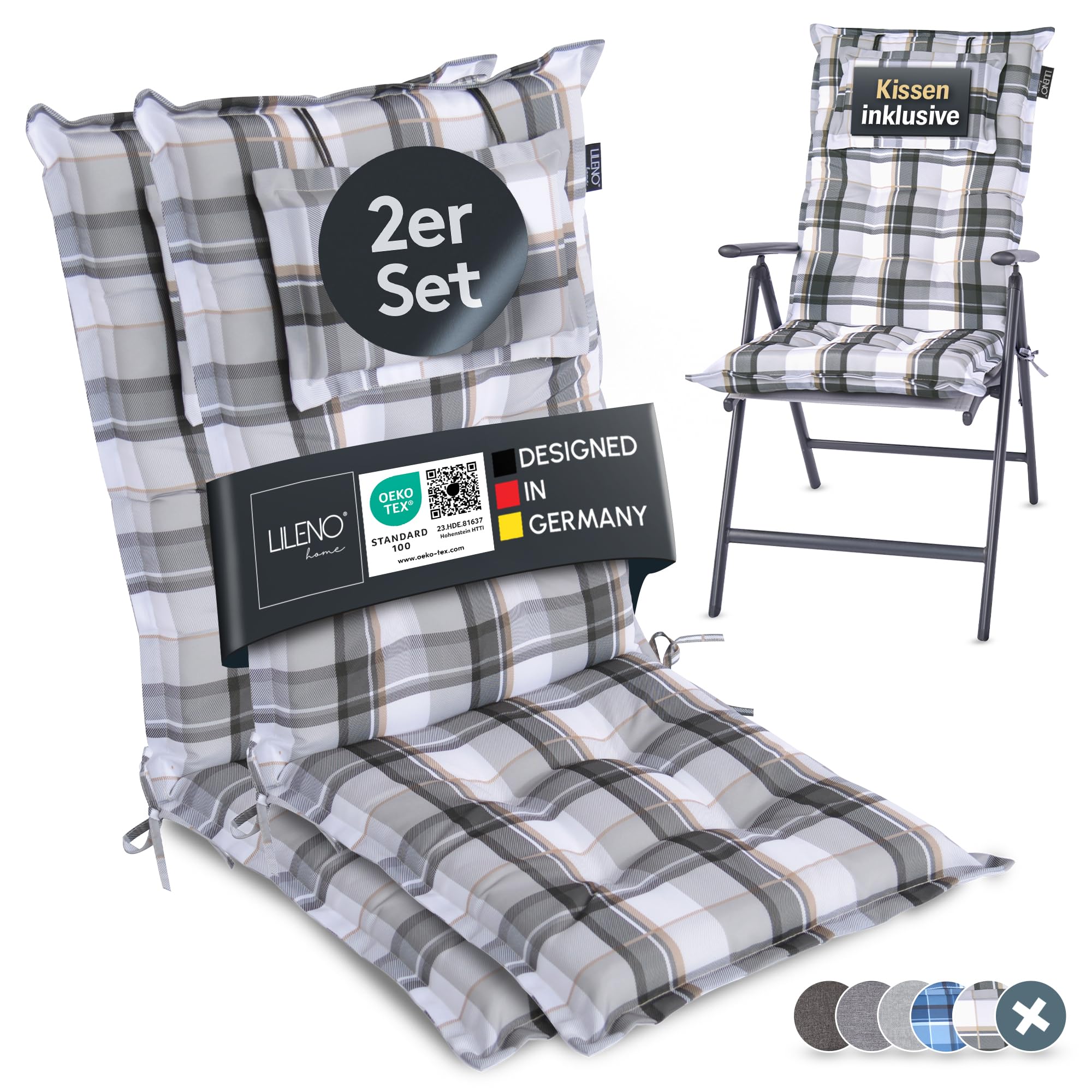 LILENO HOME Gartenstuhl Auflagen als [2er Set - Hochlehner] in Karo Grau Y - Bequeme Liegen als Sitzauflagen für Gartenmöbel - Stuhlkissen für Gartenstühle und Klappstühle MAR