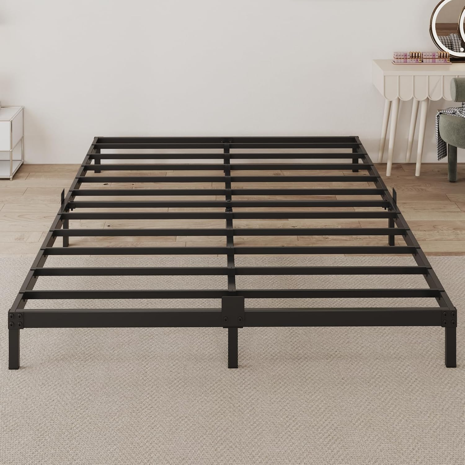 Queen Size Bed Frame, Heavy Duty Steel Slat Support, 6 Inch Low Profile Metal Platform Bed Frame with Mattress Stopper, Noise Free, No Box Spring Needed, Easy Assembly