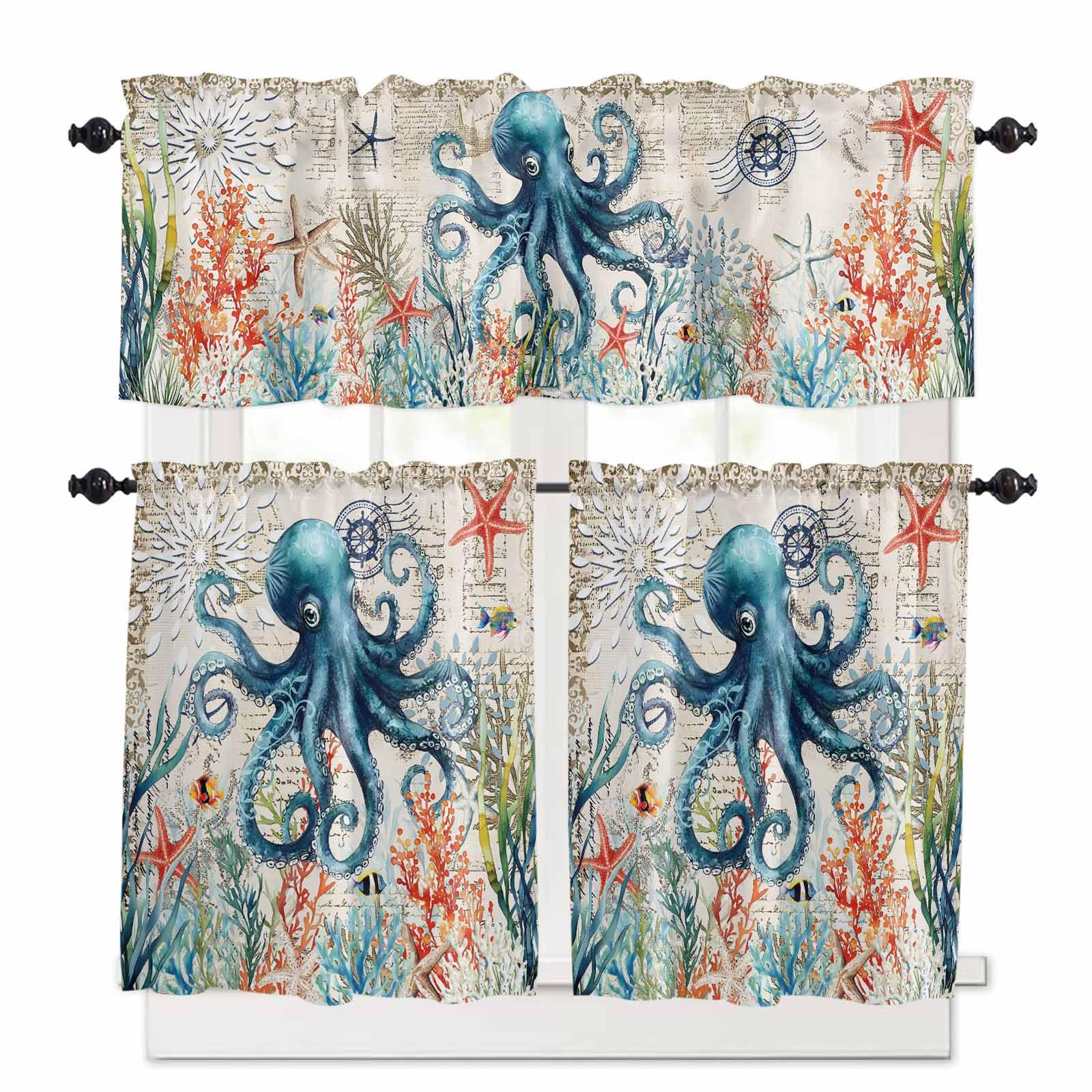 Coastal Octopus Kitchen Curtains 24 Inch Length, 3 Piece Rod Pocket Small Half Tiers and Valance Set, Summer Nautical Coral Fish Starfish Small Large Window Treatment Decor for Bedroom/Bathroom Sink