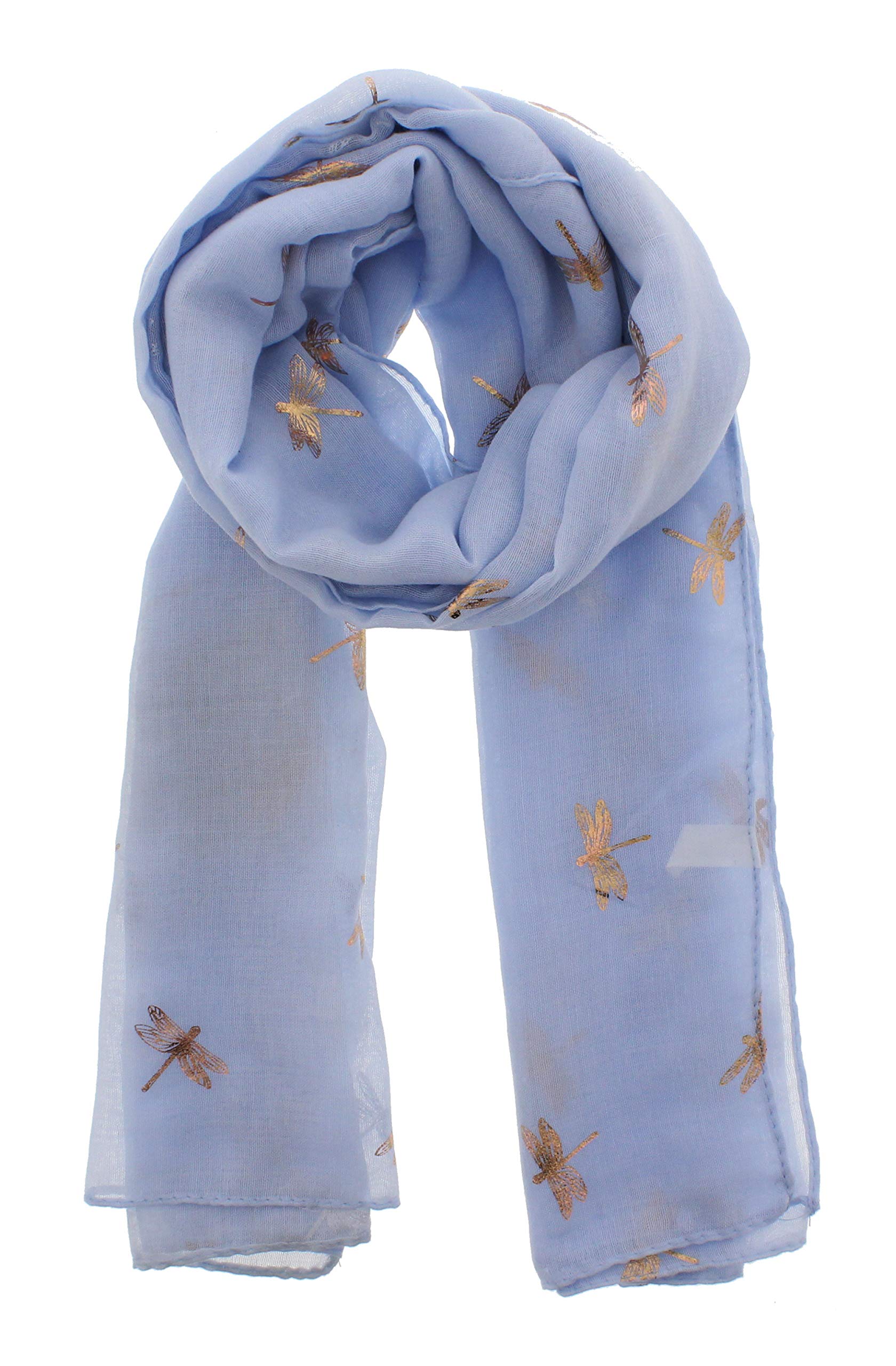 Zac's Alter Ego Women's Baby Blue With Gold Dragonflies Scarf With Rose Gold Metallic Foil Dragonfly Print