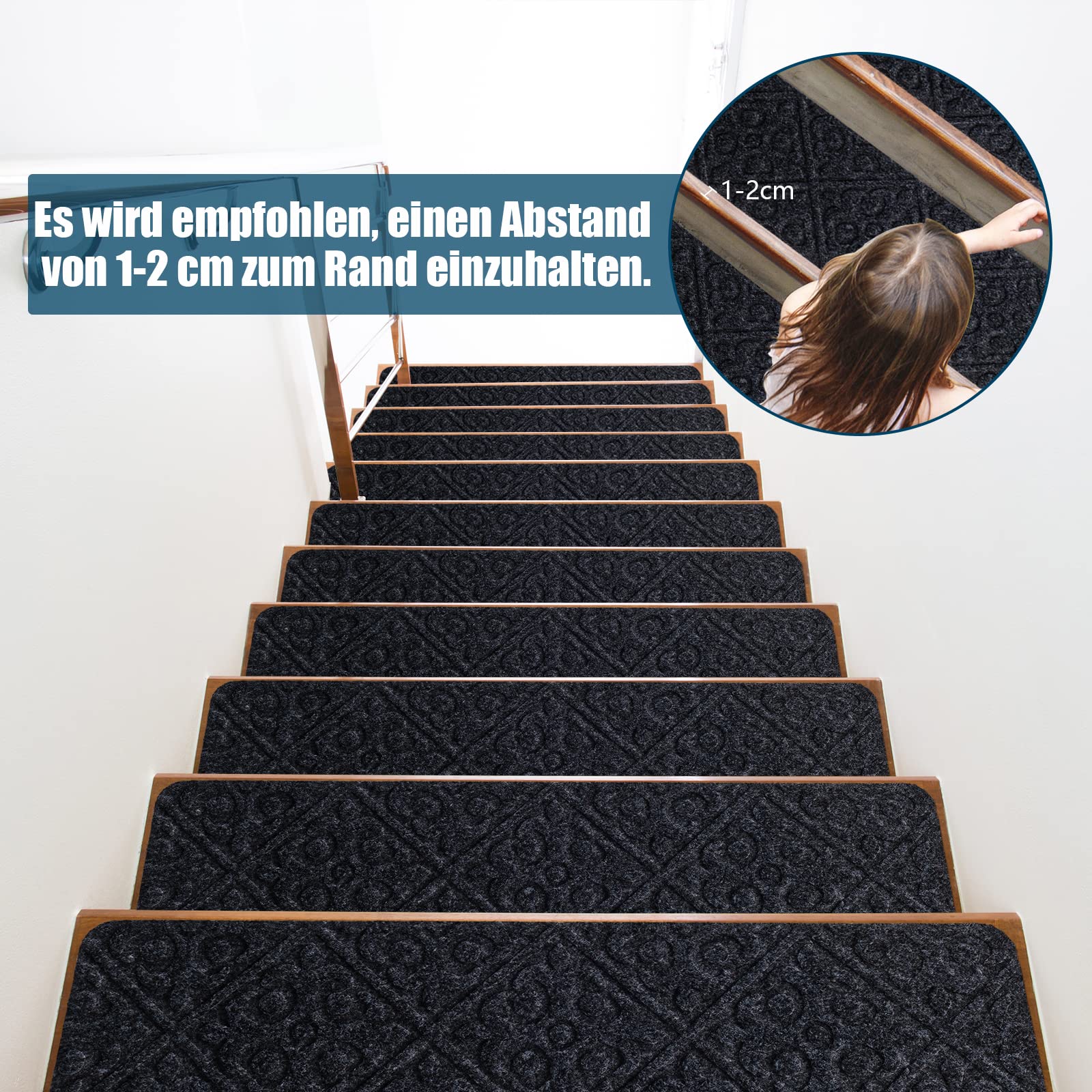 COSTWAY 15er Set Stufenmatten für Treppen, 76x20cm, rutschfeste Selbstklebende Treppenteppiche, Treppenmatten für Holzstufen, wasserdichte Stufenteppiche für Kinder & Älteste & Haustiere (Grau)