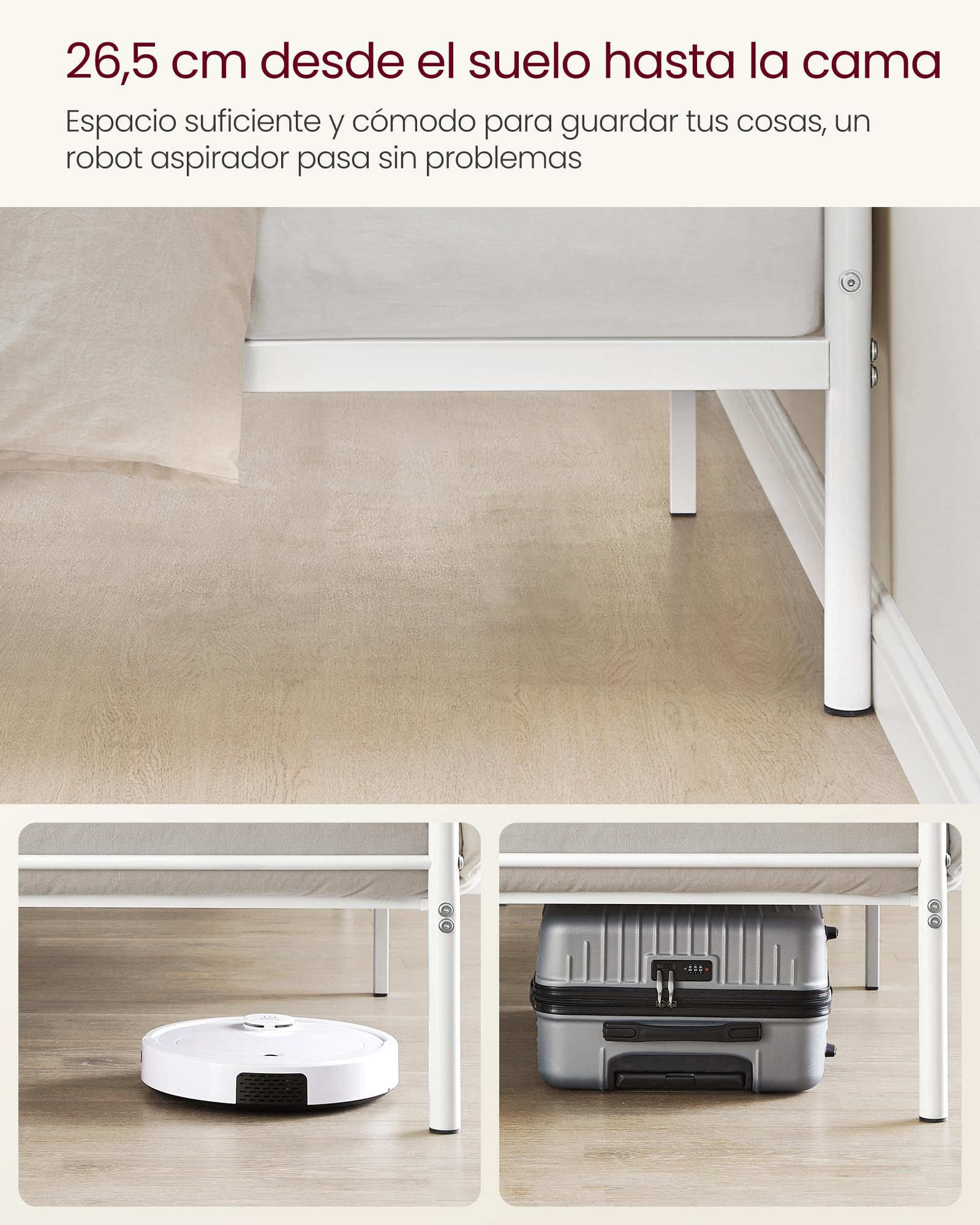 VASAGLE Estructura de Cama de Metal 90 x 190 cm Blanco