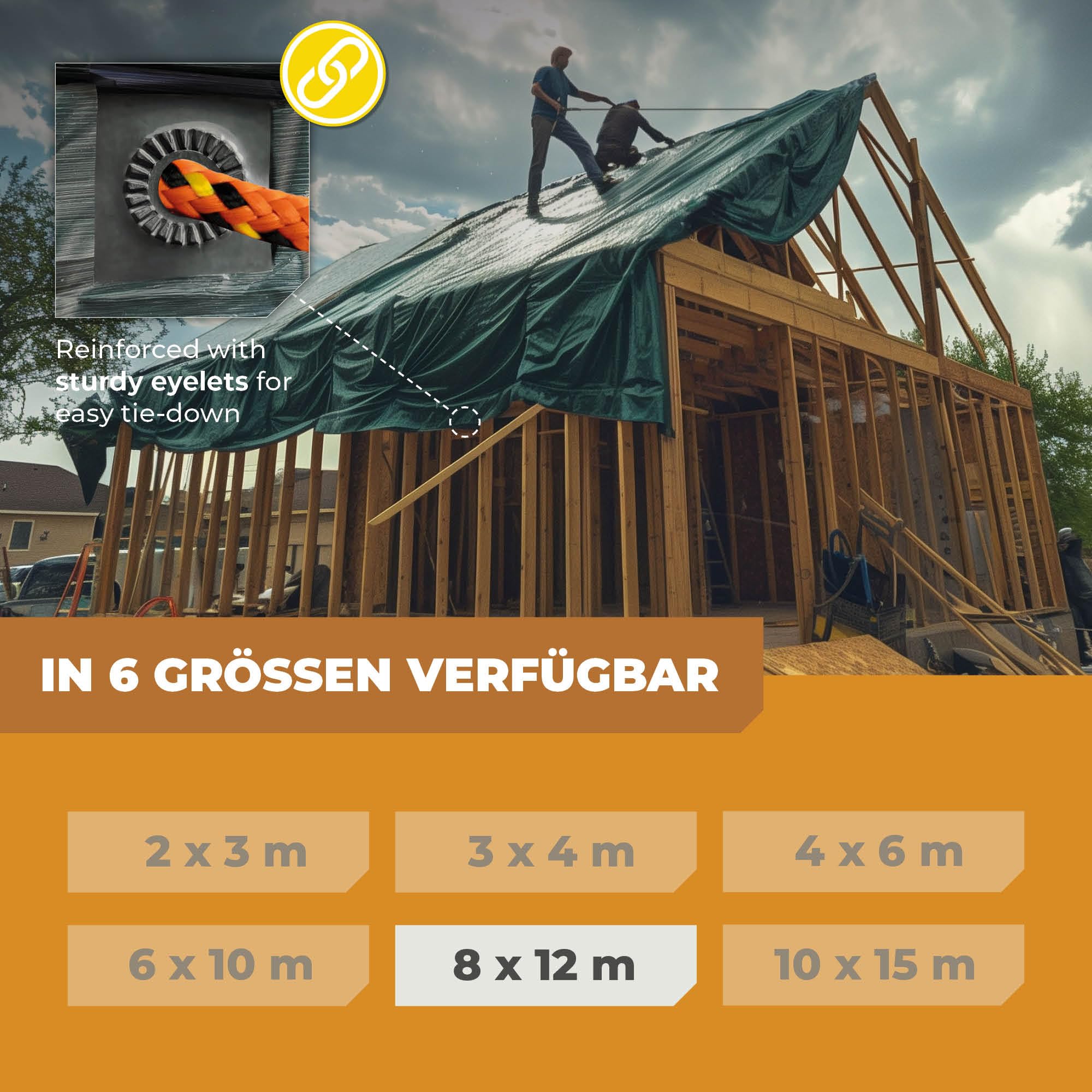 Rainexo Abdeckplane Extrem Stark 8x12 m, 150g/m², Grün/Blau, 3-lagig Kreuzlaminiert, 100% Wasserdicht, UV-Beständig, Reißfest, Mit Verstärkten Ösen