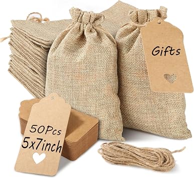Acrux7 50 PCS 5 x 7 Inch Burlap Gift Bags, Small Burlap Sacks with Drawstrings, Tags and String, Small Wedding Favor Bags, Jute Gift Bag for Candy, Jewelry
