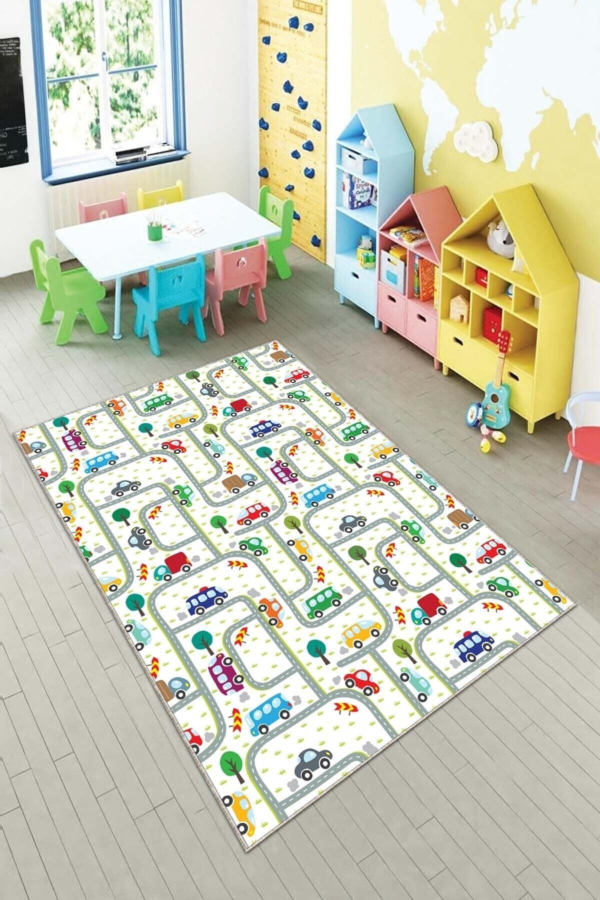 Pelangi Beyaz Araba Yollu Yıkanabilir Kaymaz Taban Leke Tutmazbebek Ve Çocuk Odası Halısı, Beyaz 120 x 200