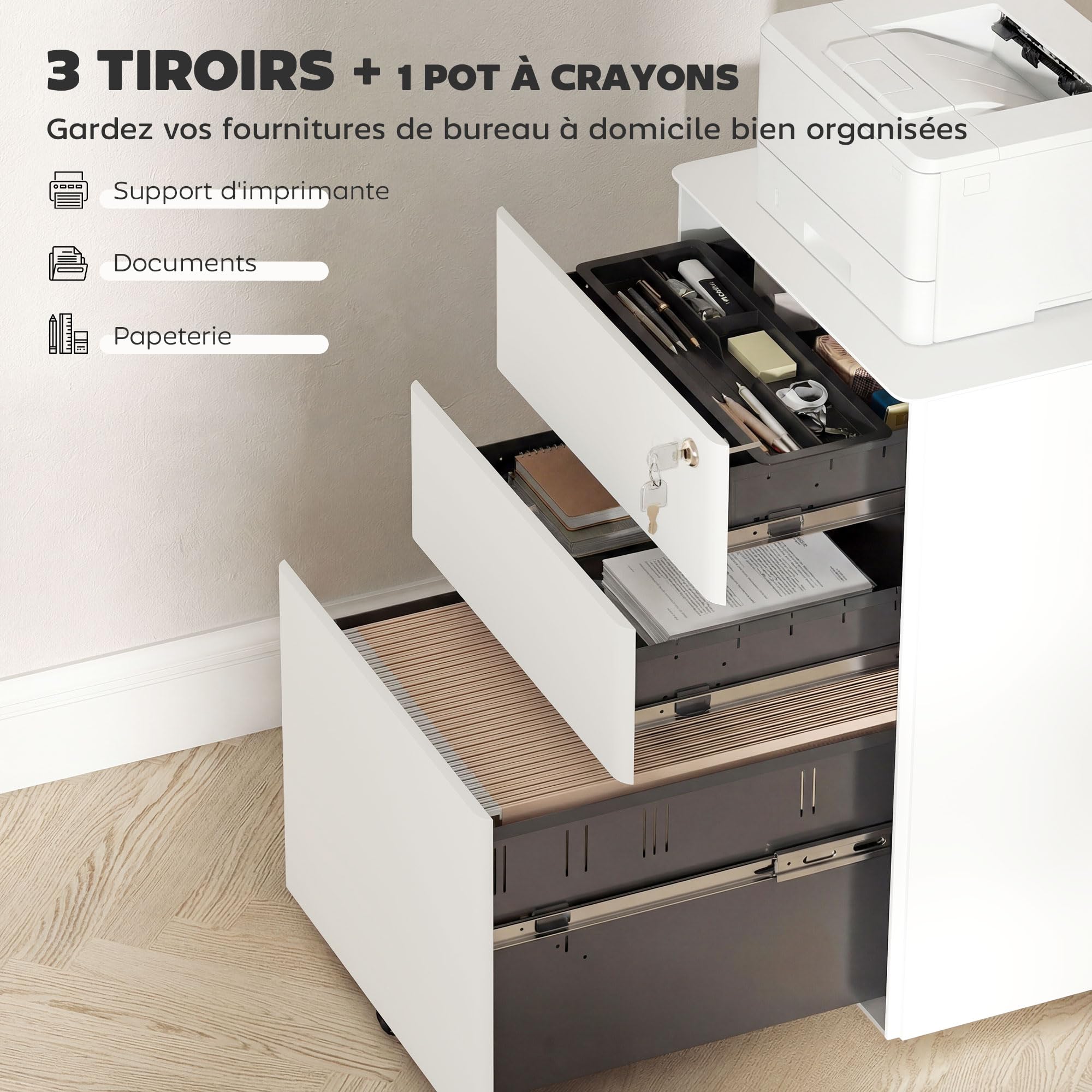 HOMCOM Vinsetto Caisson de Bureau Rangement Bureau sur roulettes 3 tiroirs coulissants verrouillables trieur à dossiers dim. 39L x 48I x 59H cm Acier Blanc