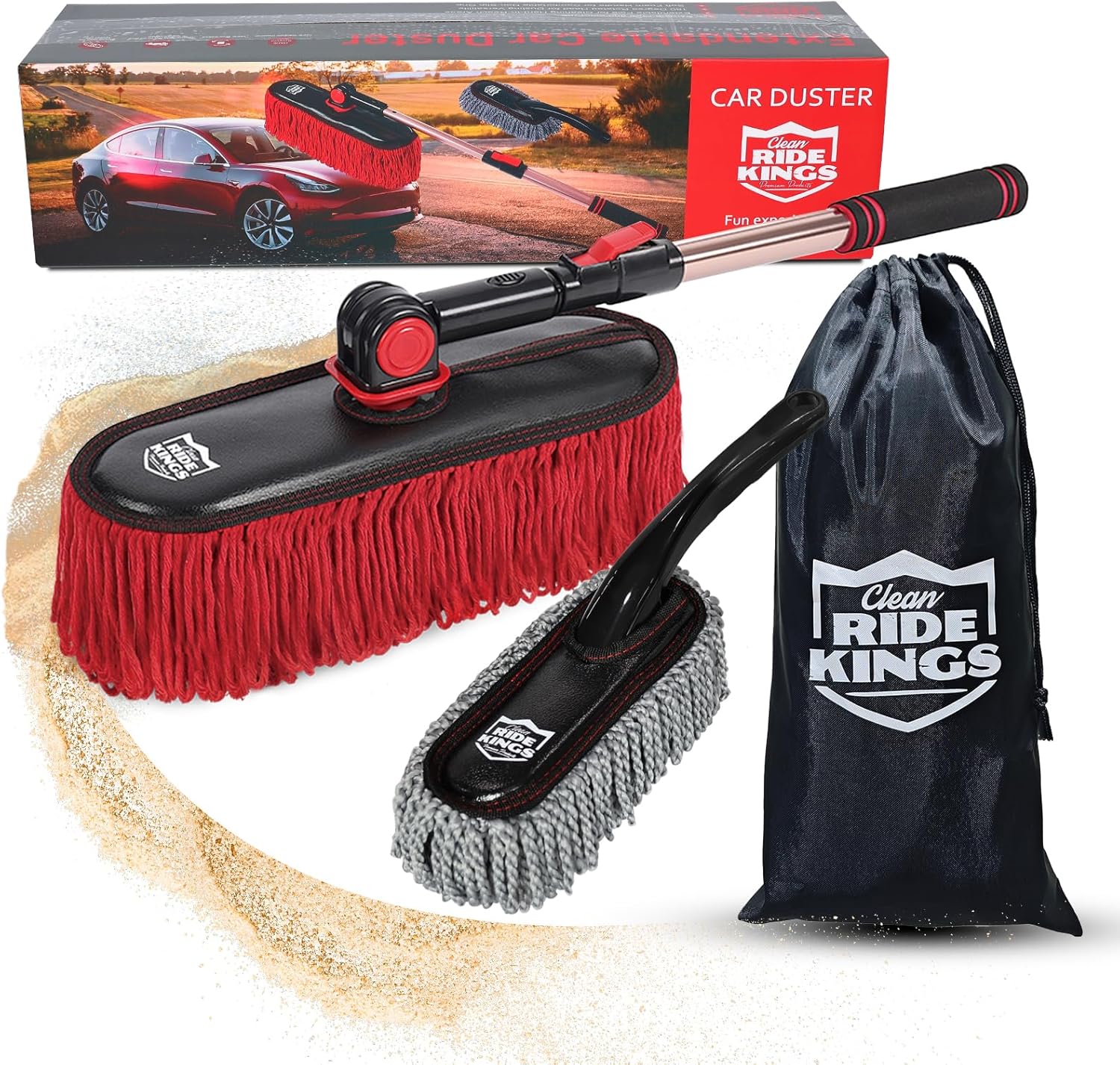 Car Duster with Telescopic Handle for Exterior Scratch-Free Cleaning, Auto Dust Remover Set with Small Brush for Dashboard & Interior Detailing