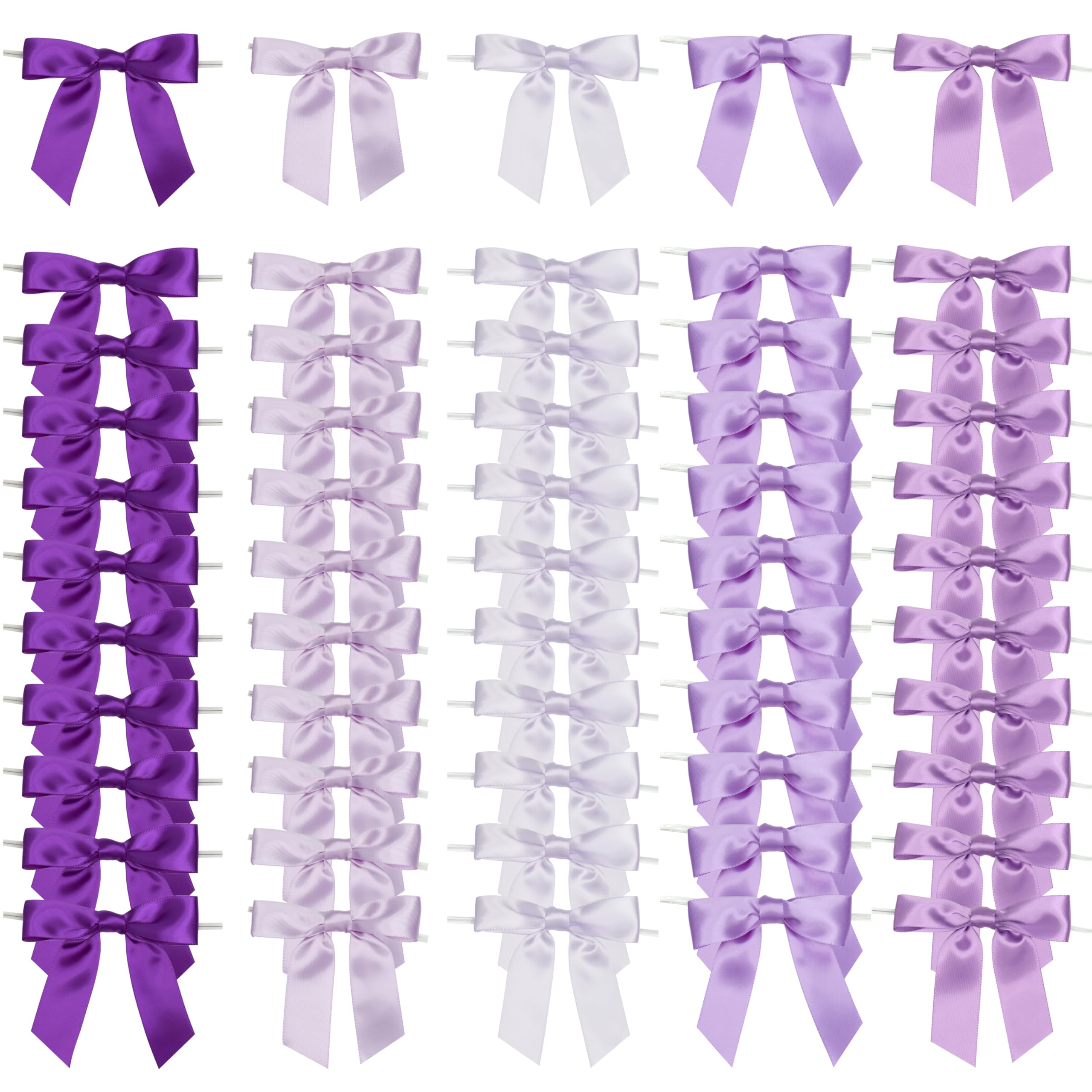 LIZLOVESS 5 Colors Purple Twist Tie Bows for Treat Bags 3.5" Pre-Tied Lilac Satin Ribbon Bows Gift Wrap Bows Premade Bows for Crafts, Cake Pops,