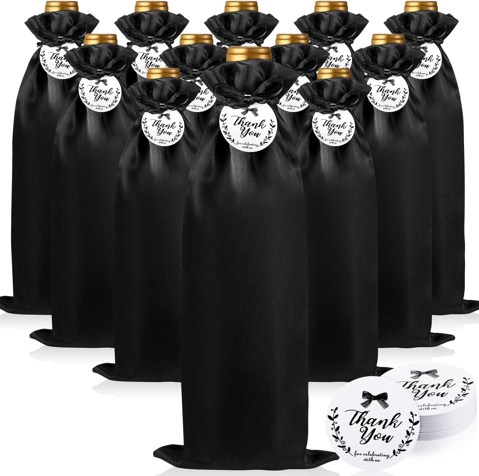 Shappy 12 Pcs Black Satin Wine Gift Bags with Drawstrings and Tags, Wine Bottle Bags Covers Reusable for Holiday Party Supplies