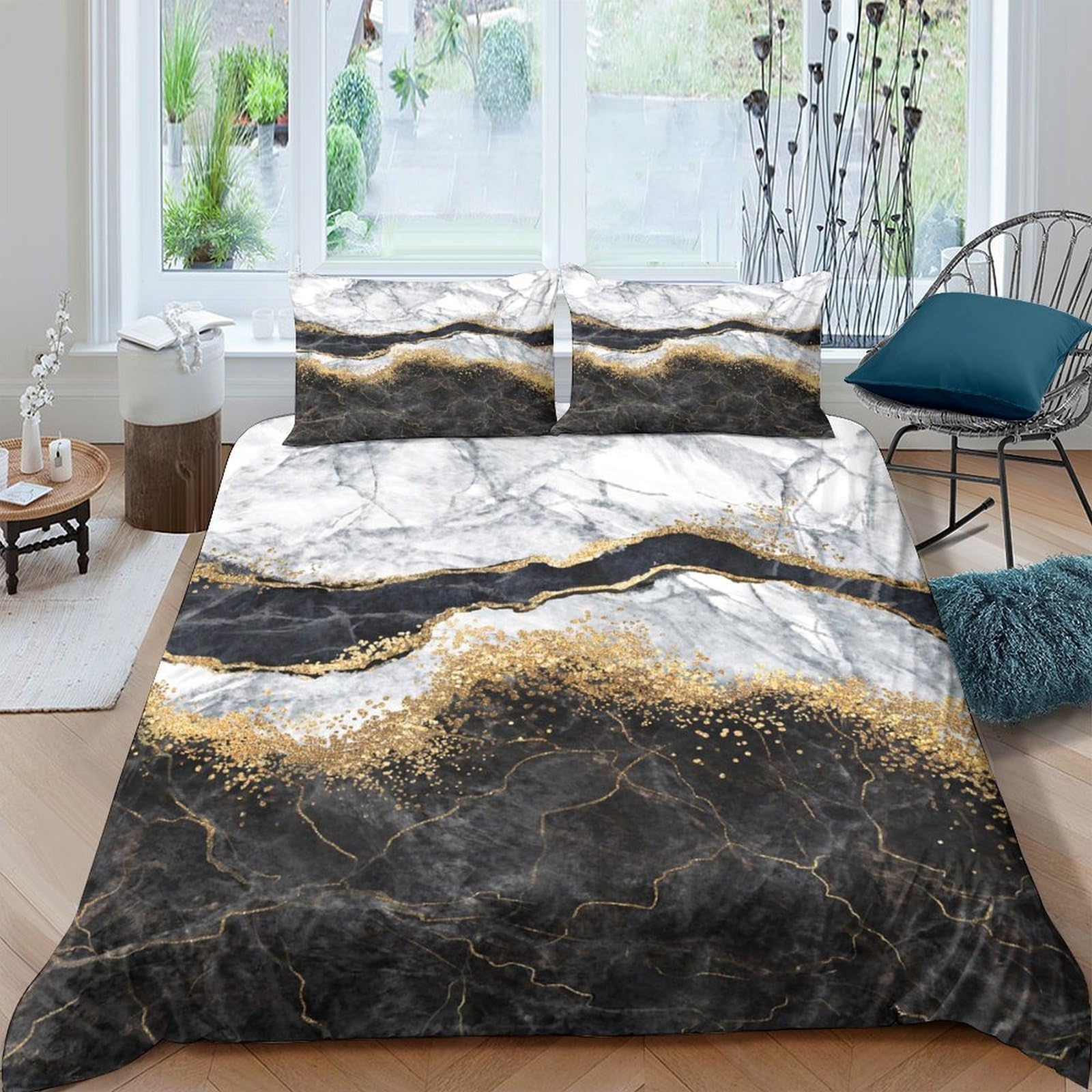 Ctjqhvkz Style-2 3D Printed Marble Gold Wave Fitted Sheet Microfiber Bedroom Decor Black White Mattress Cover For Adult Teen Single（135X200cm）