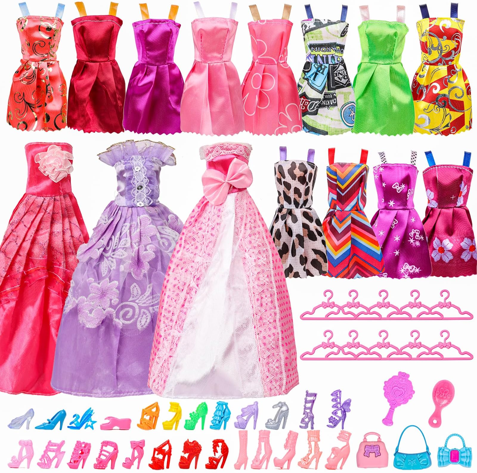 ANYPER 55pcs Doll Clothes and Accessories, 3 Wedding Gowns 12 Fashion Dresses 25 Shoes 10 Hangers 3 Handbag 2 Combs for 11.5 Inch Doll