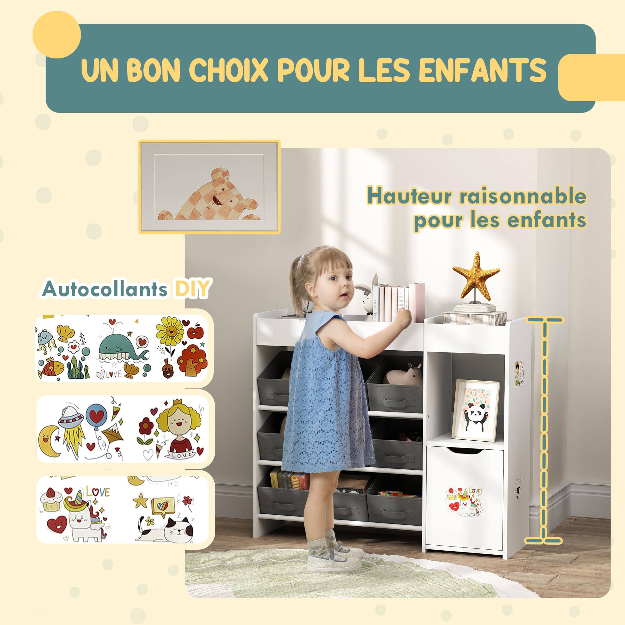 AIYAPLAY Meuble Rangement Enfant étagère de Rangement pour Jouets Enfants avec 9 tiroirs en Tissu et Placard pour Chambre d'enfant, Salle de Jeux, garderie, Blanc